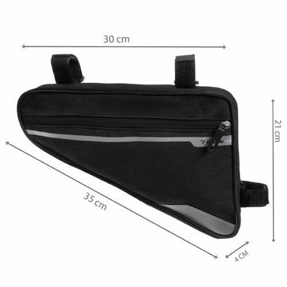 Bolsa negra para bicicleta con rayas reflectantes, medidas 35x21x4 cm.