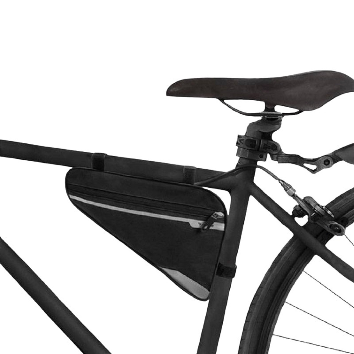 Bolsa negra en el cuadro de una bicicleta, con sillín y rueda.
