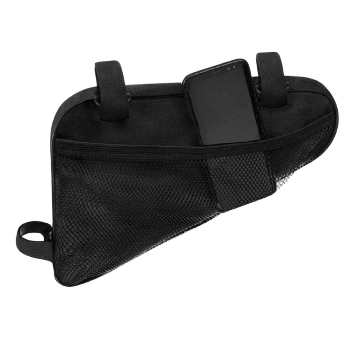Bolsa negra para bicicleta con bolsillo para teléfono y compartimentos de malla.
