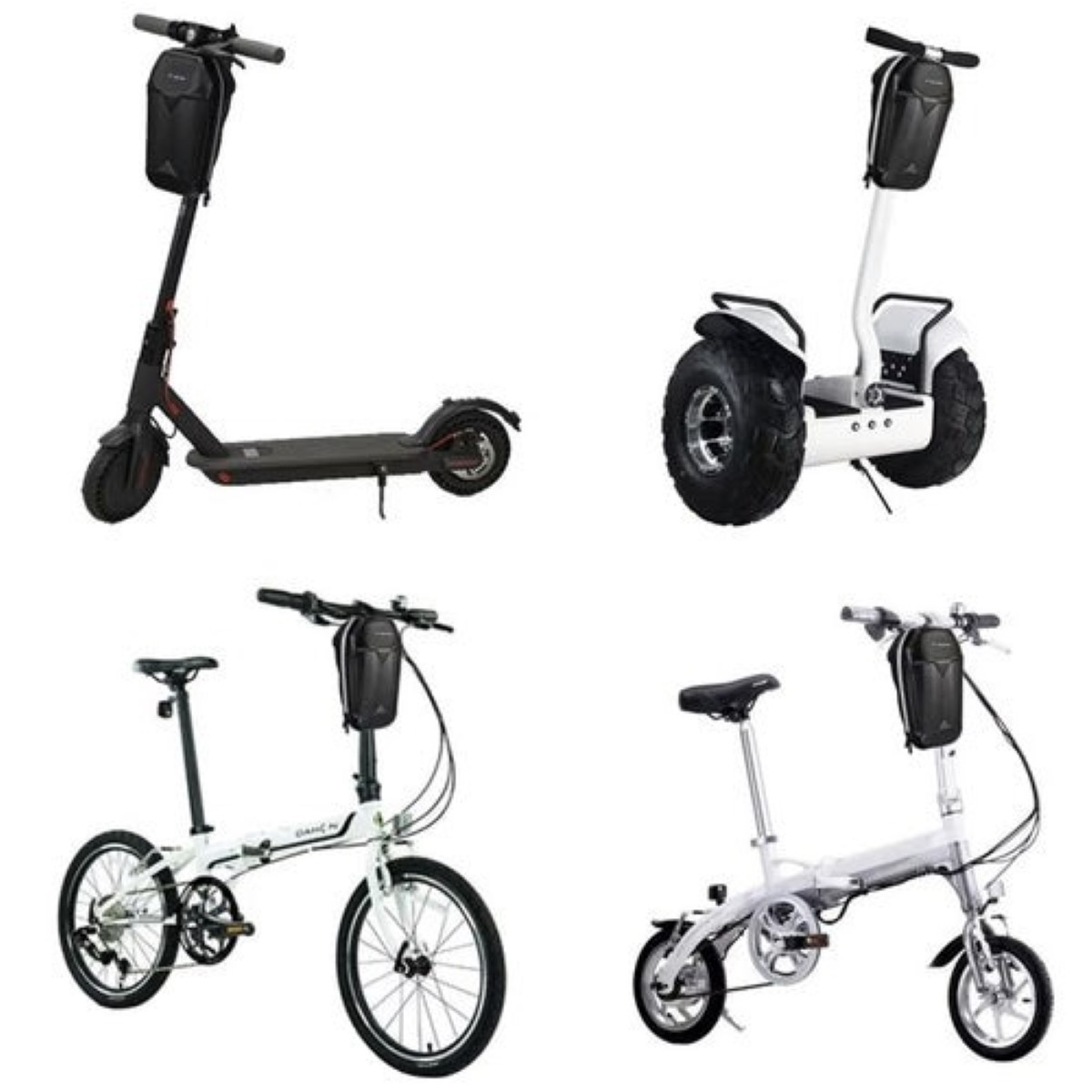Cuatro medios de transporte personal: patinete negro, segway blanco, bicicleta plegable blanca, bicicleta compacta.