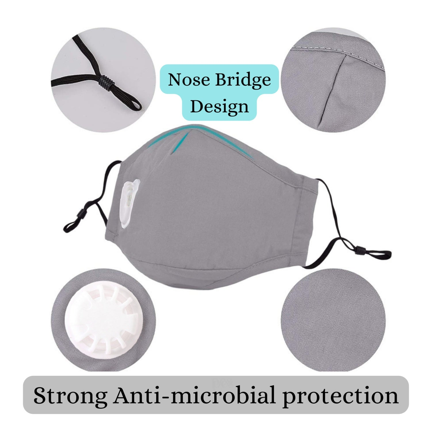 Mascarilla de tela gris con puente nasal, válvula y correas ajustables.
