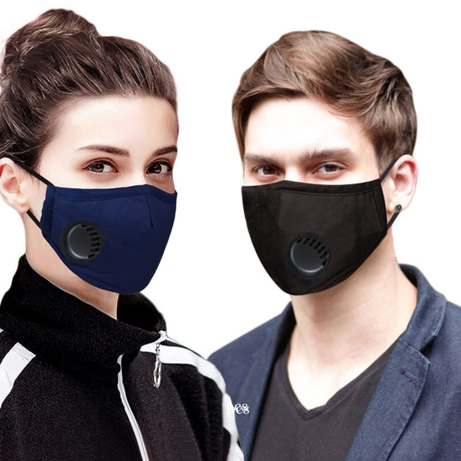 Un hombre y una mujer llevan mascarillas con válvulas. Azul oscuro y negro.