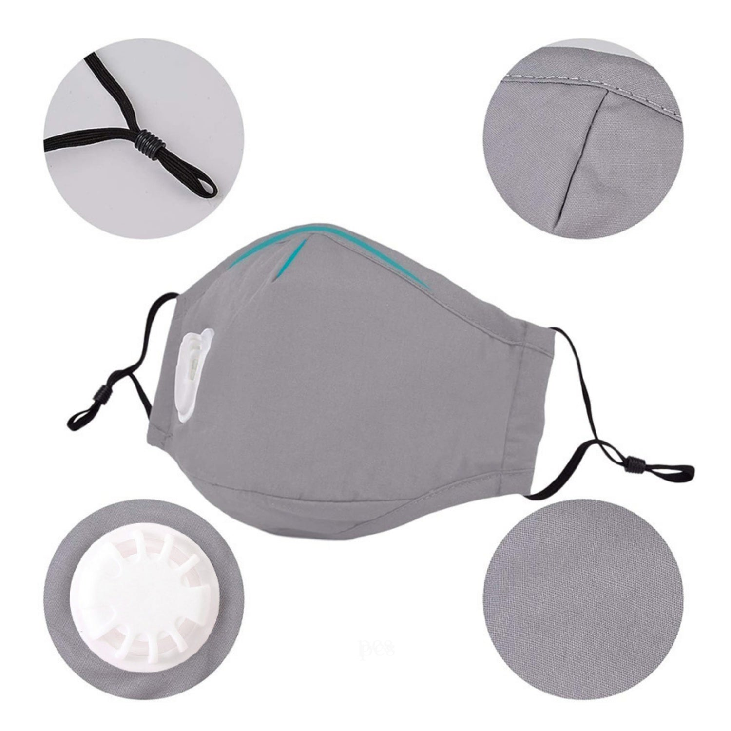 Mascarilla de tela gris con válvula y correas ajustables. Primeros planos de costuras, correa y filtro.