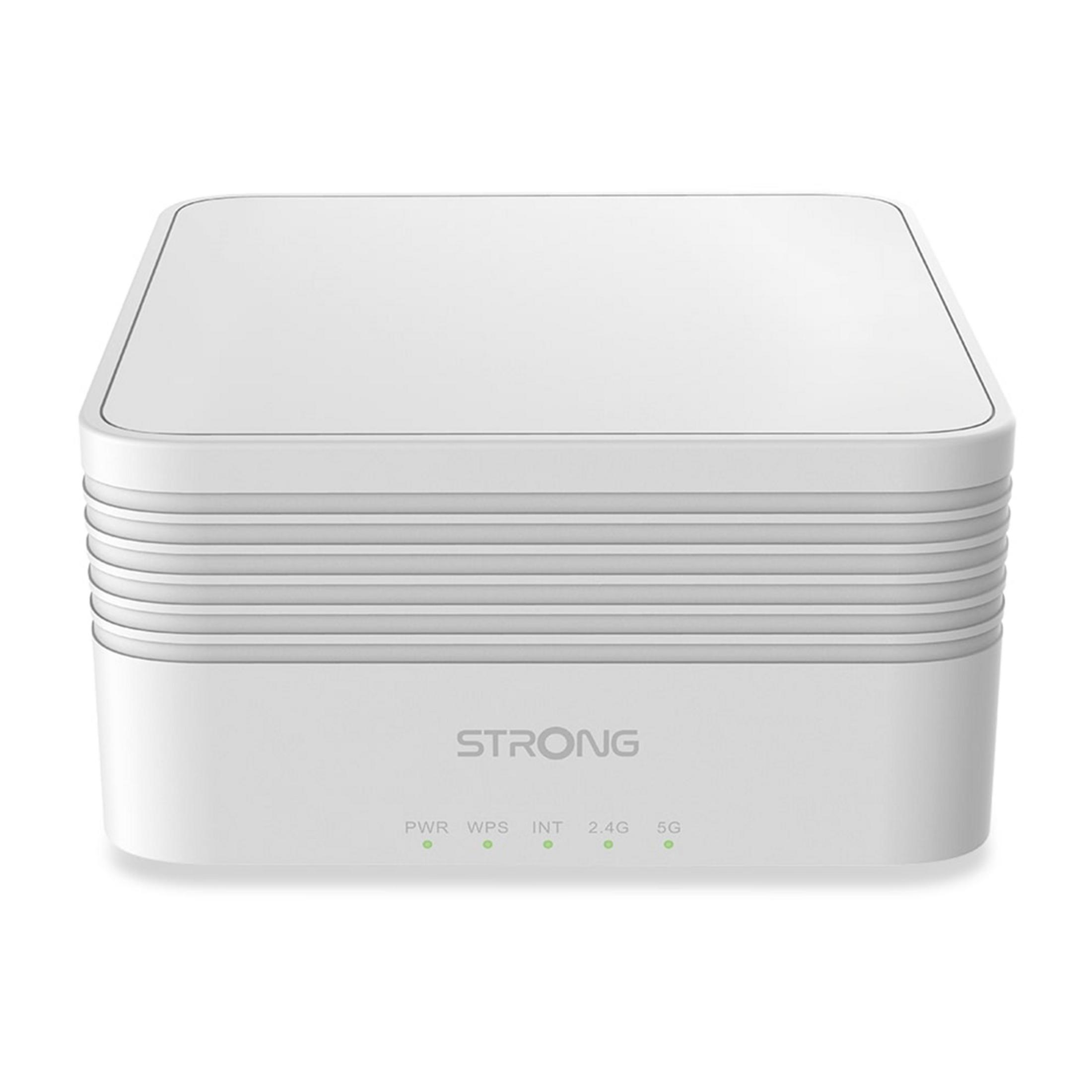 Biały router z żebrowaną obudową i logo "STRONG". Diody LED wskazują status.
