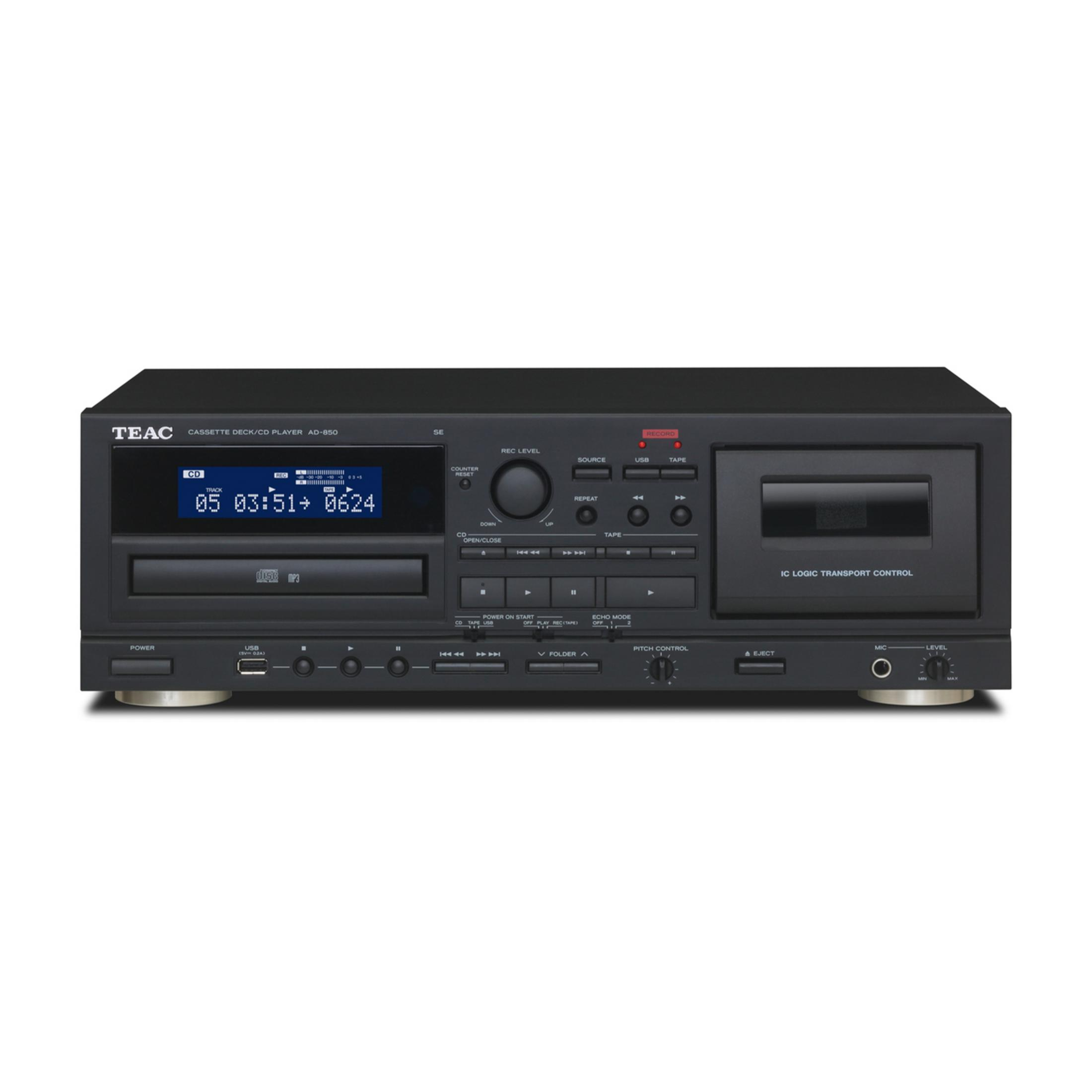 Un reproductor de CD/casetera TEAC AD-850 negro con patas plateadas.