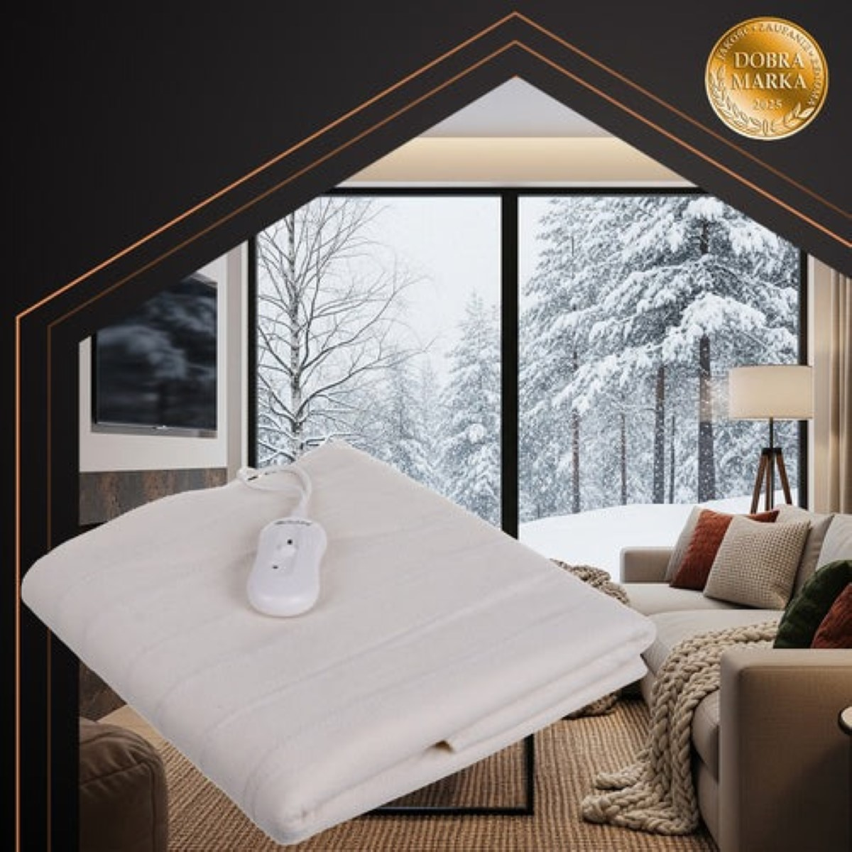 Una manta eléctrica blanca yace ante una ventana con paisaje invernal.