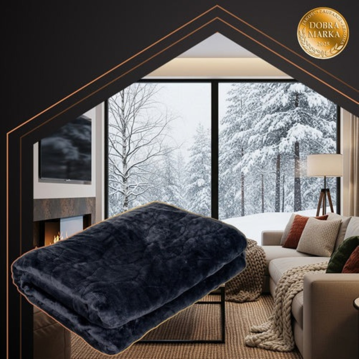 Una manta oscura y afelpada descansa ante una ventana nevada en una sala.
