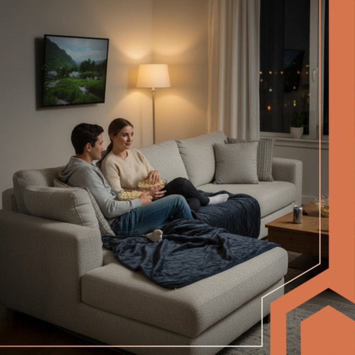 Una pareja come palomitas en un sofá viendo la televisión.