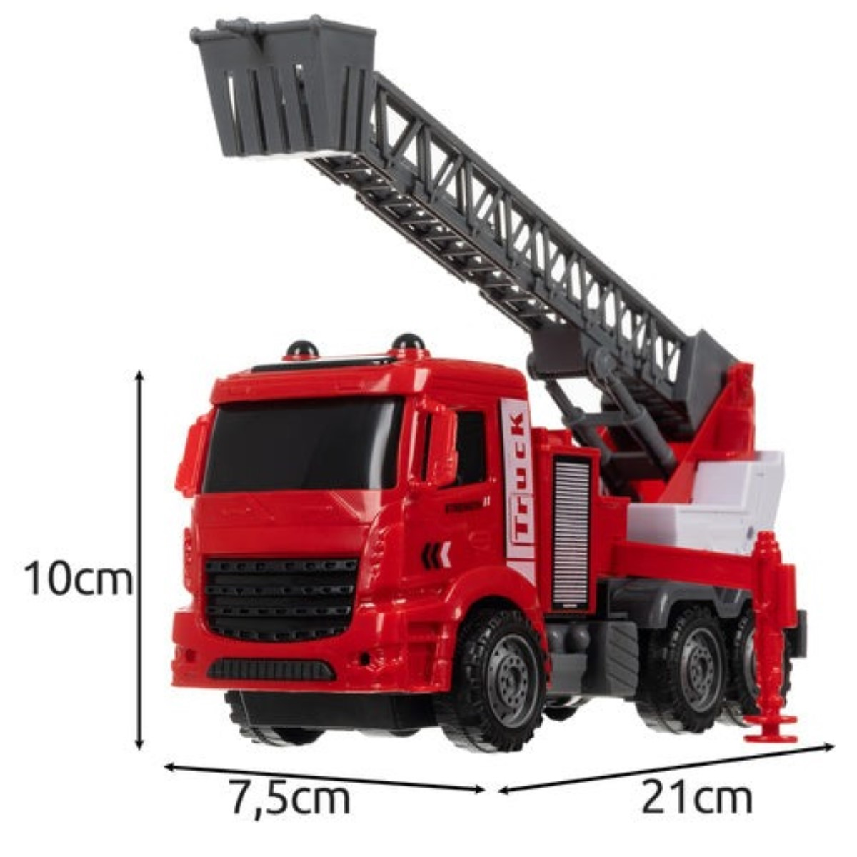 Camión de bomberos de juguete rojo con escalera extendida, mostrando medidas 10cm, 7,5cm y 21cm.