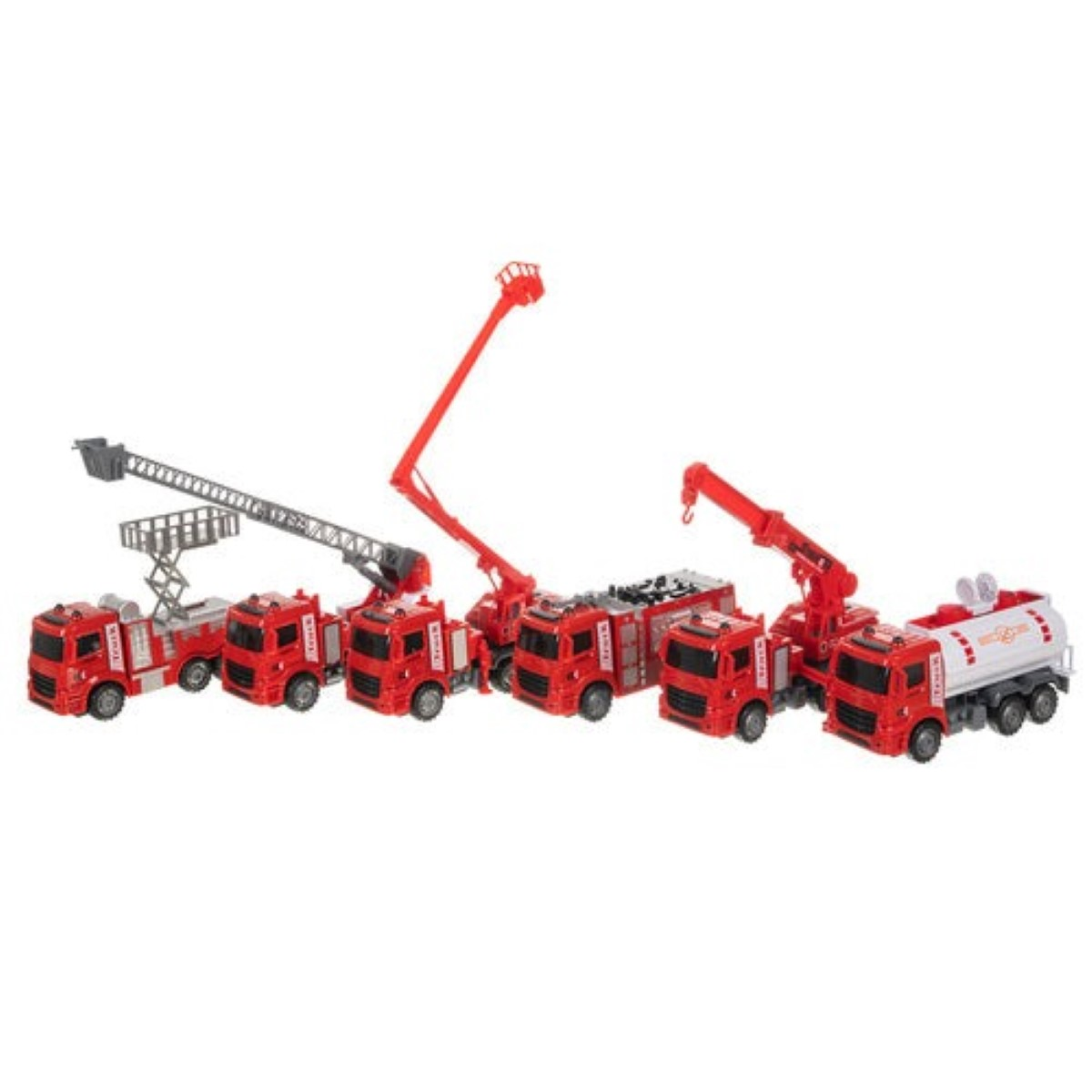 Seis camiones de bomberos de juguete rojos con varios accesorios como escaleras y grúas.
