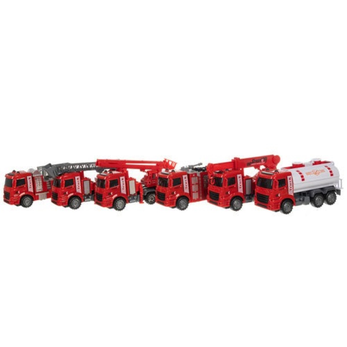 Seis camiones de bomberos de juguete rojos, uno cisterna, están en fila.