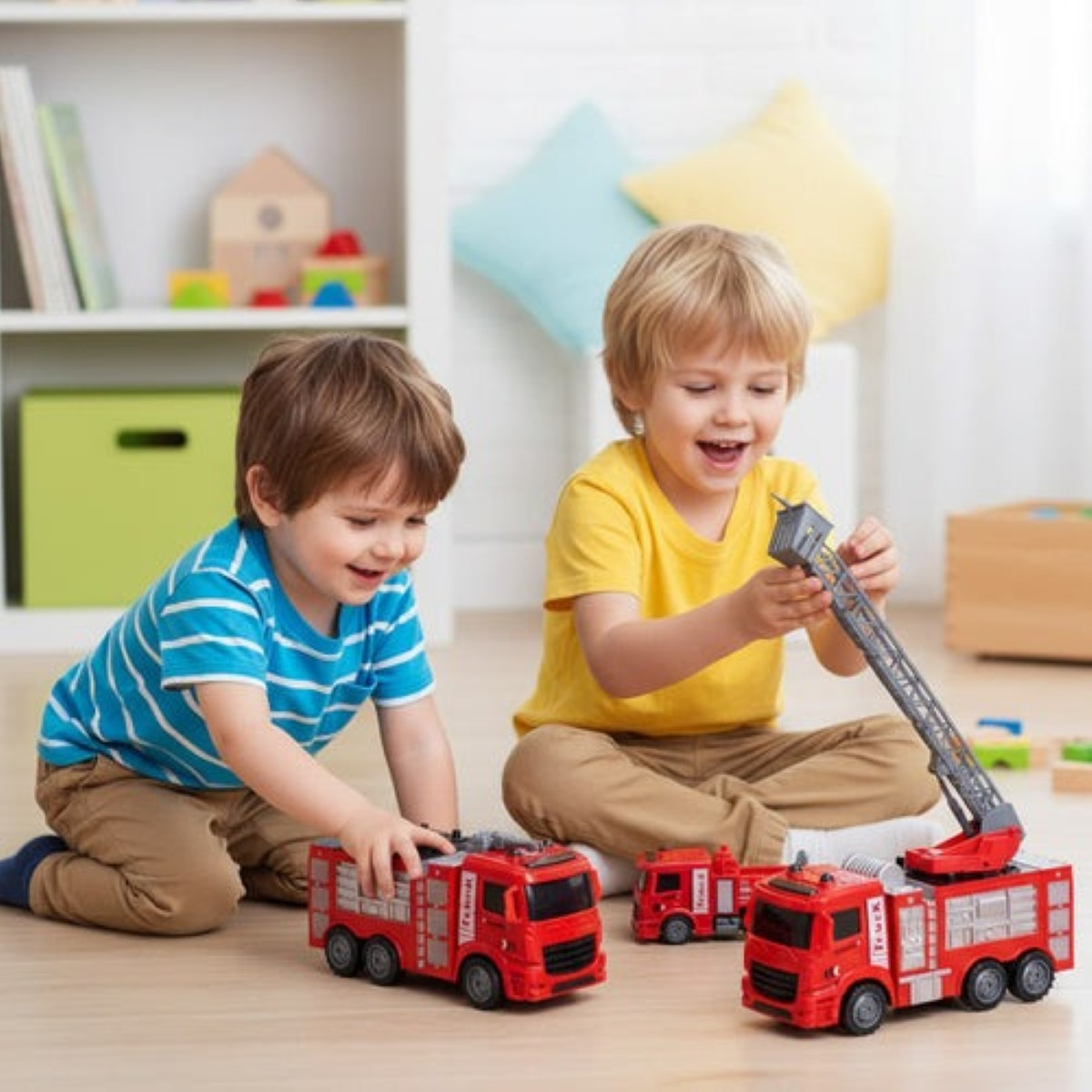 Dos niños juegan con camiones de bomberos de juguete rojos en una habitación.