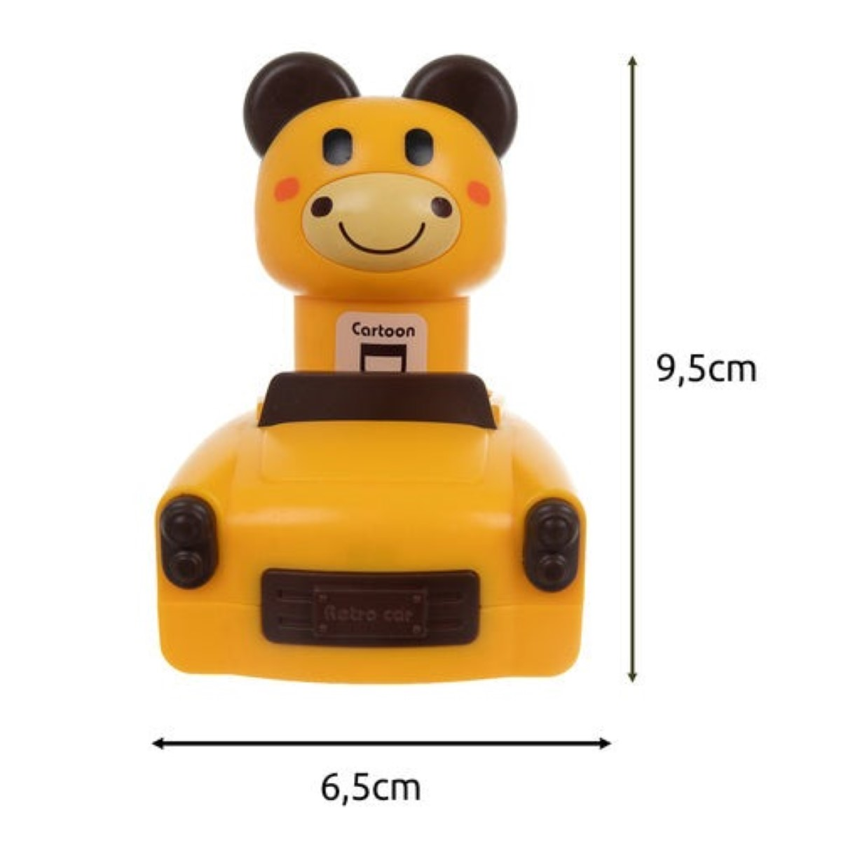 Un coche de juguete amarillo con cabeza de oso linda encima y dimensiones.