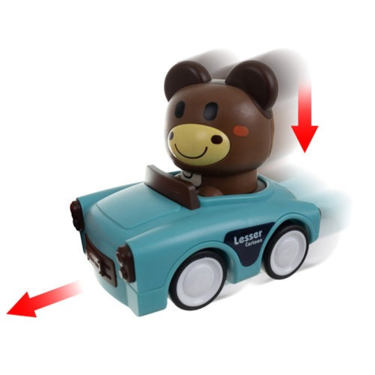 Un oso de peluche marrón conduce un coche turquesa.