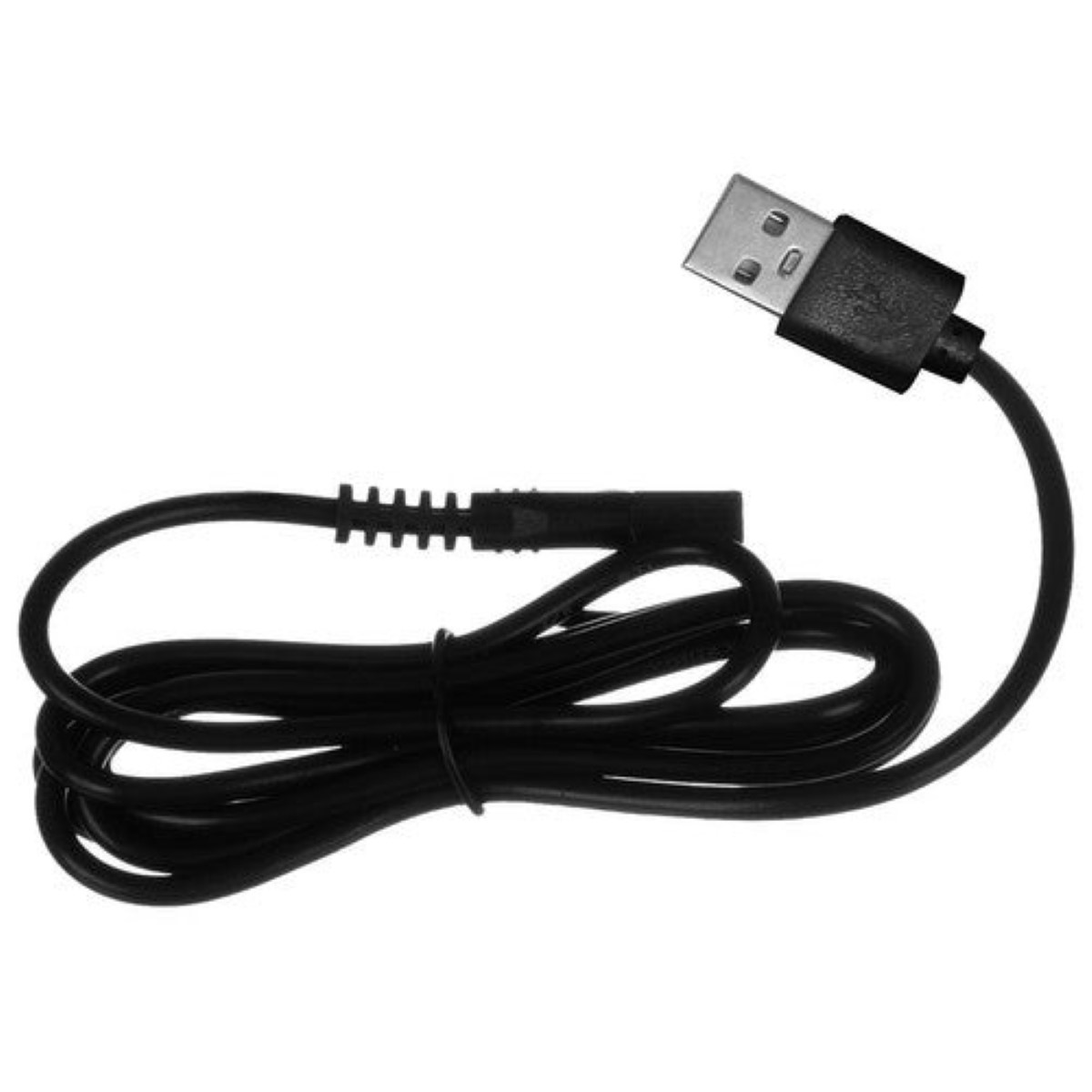 Un cavo USB nero con una spina e un piccolo connettore rotondo.