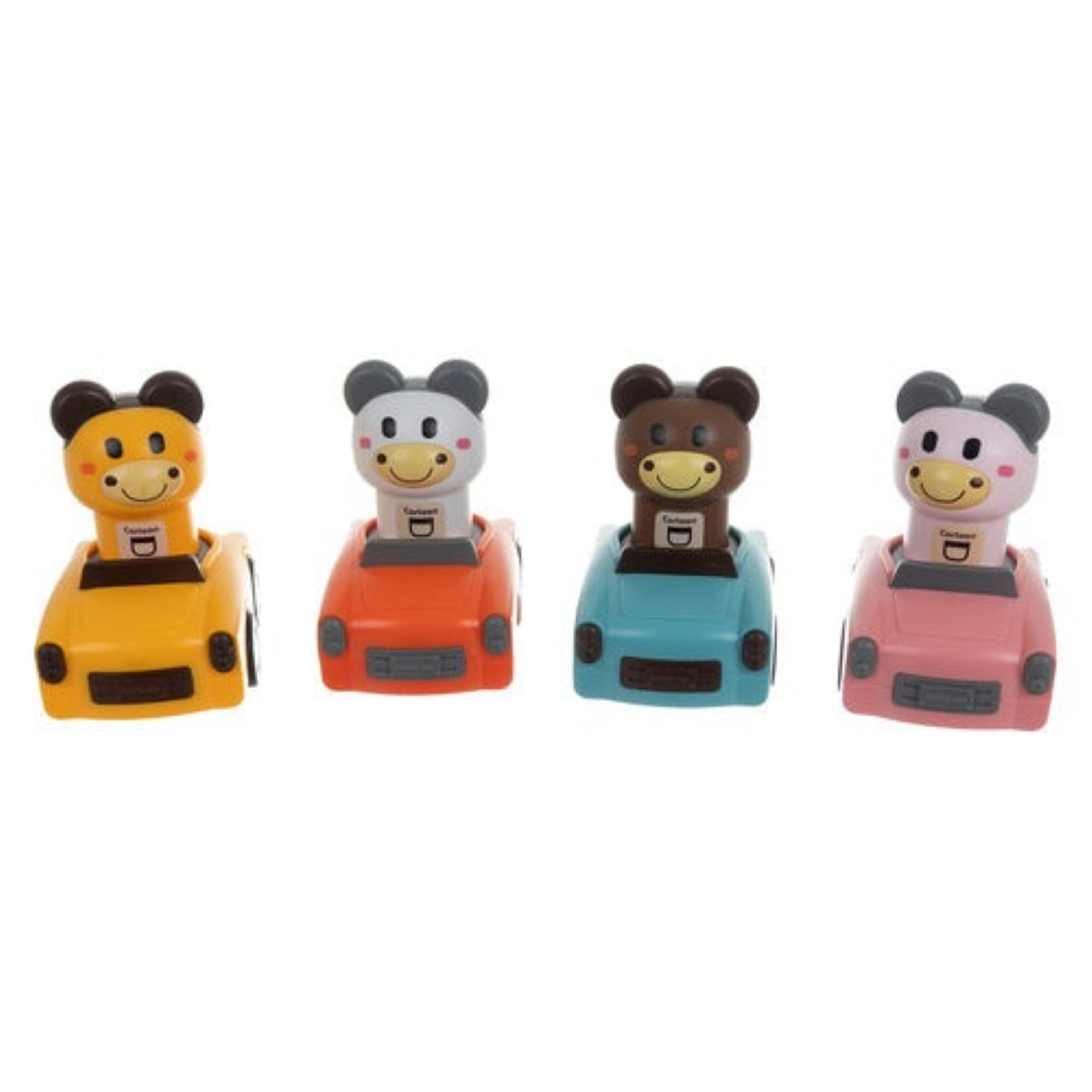 Cuatro coches de juguete coloridos con cabezas de animales: amarillo, naranja, azul y rosa.