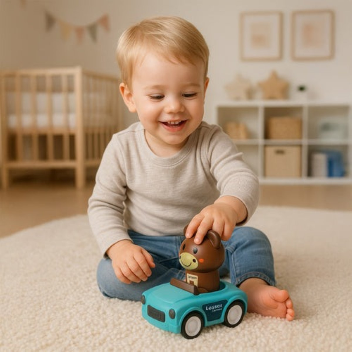 Un bebé juega con un coche azul con un oso en una habitación infantil.