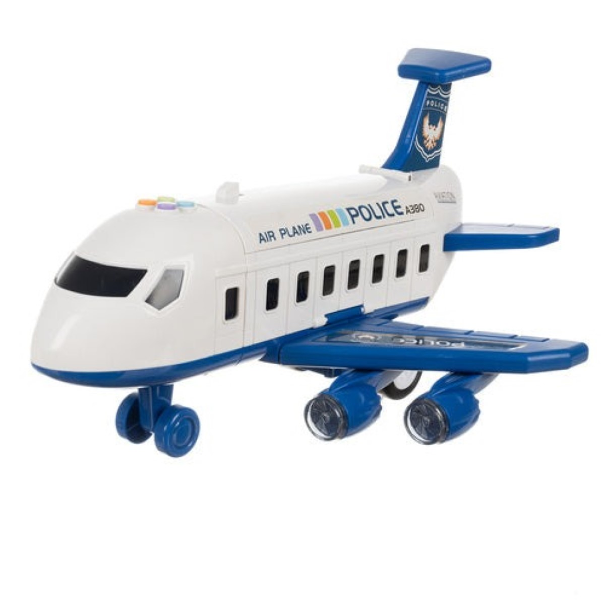 Avión de policía de juguete, blanco con detalles azules y etiqueta "POLICE".