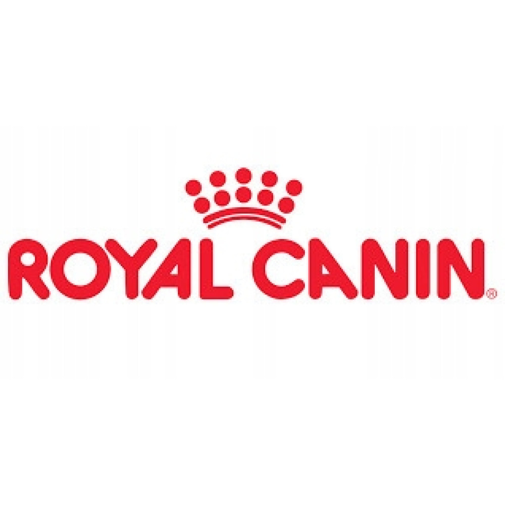 Logo Royal Canin czerwonymi literami i koroną.