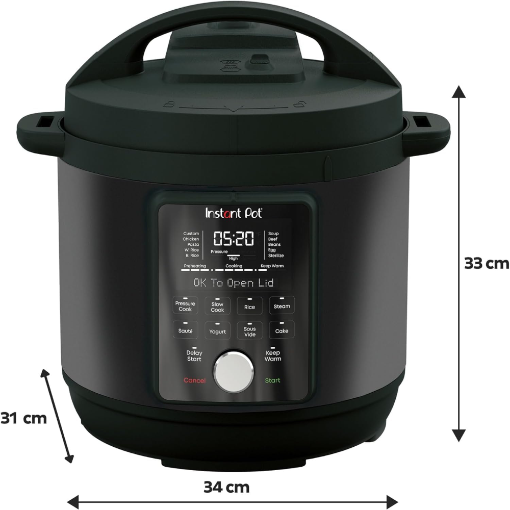 Black Instant Pot pressure cooker with display, 31x34x33 cm.