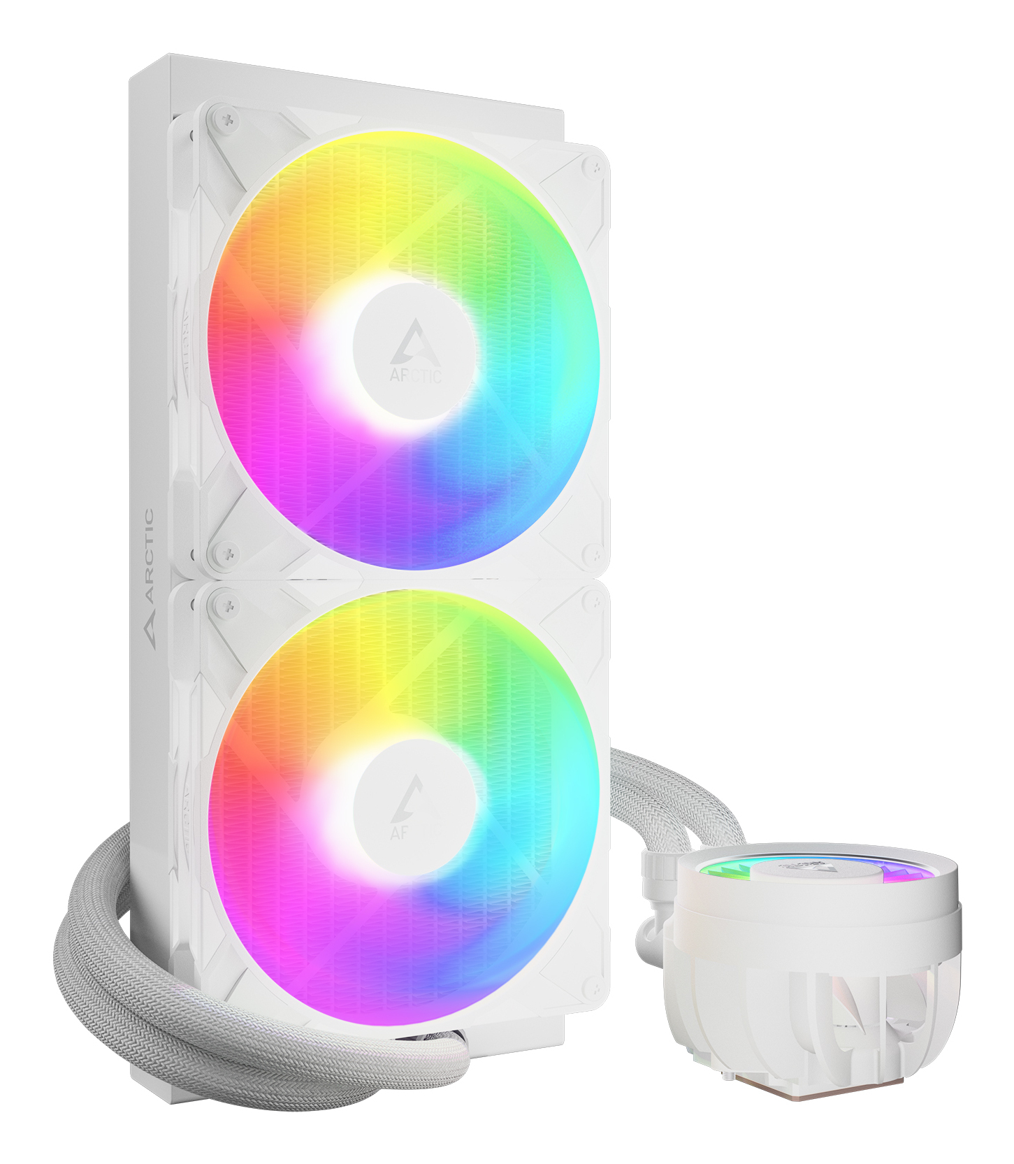 Un dissipatore CPU bianco con due ventole RGB e corpo pompa rotondo.