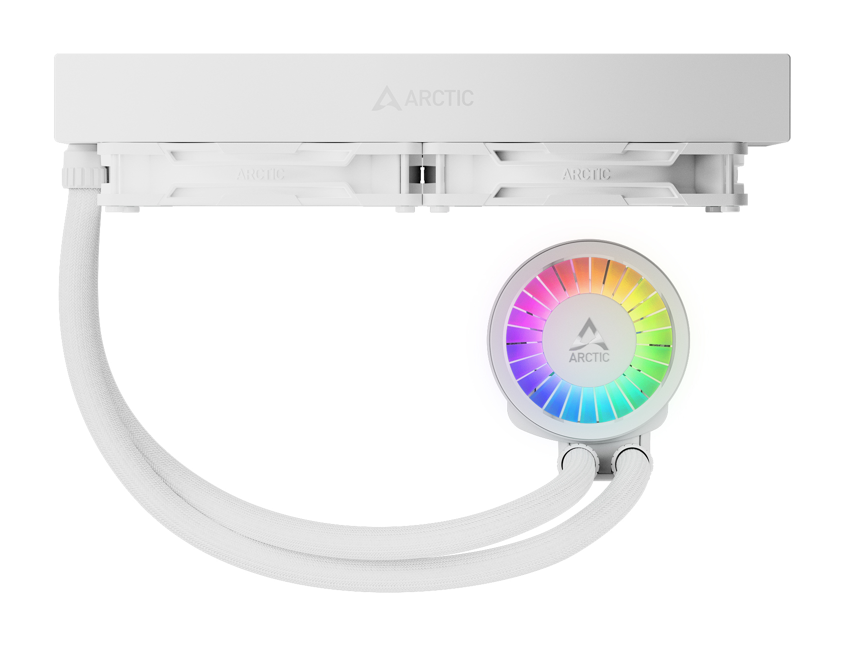Un dissipatore CPU bianco con logo ARCTIC e illuminazione RGB.