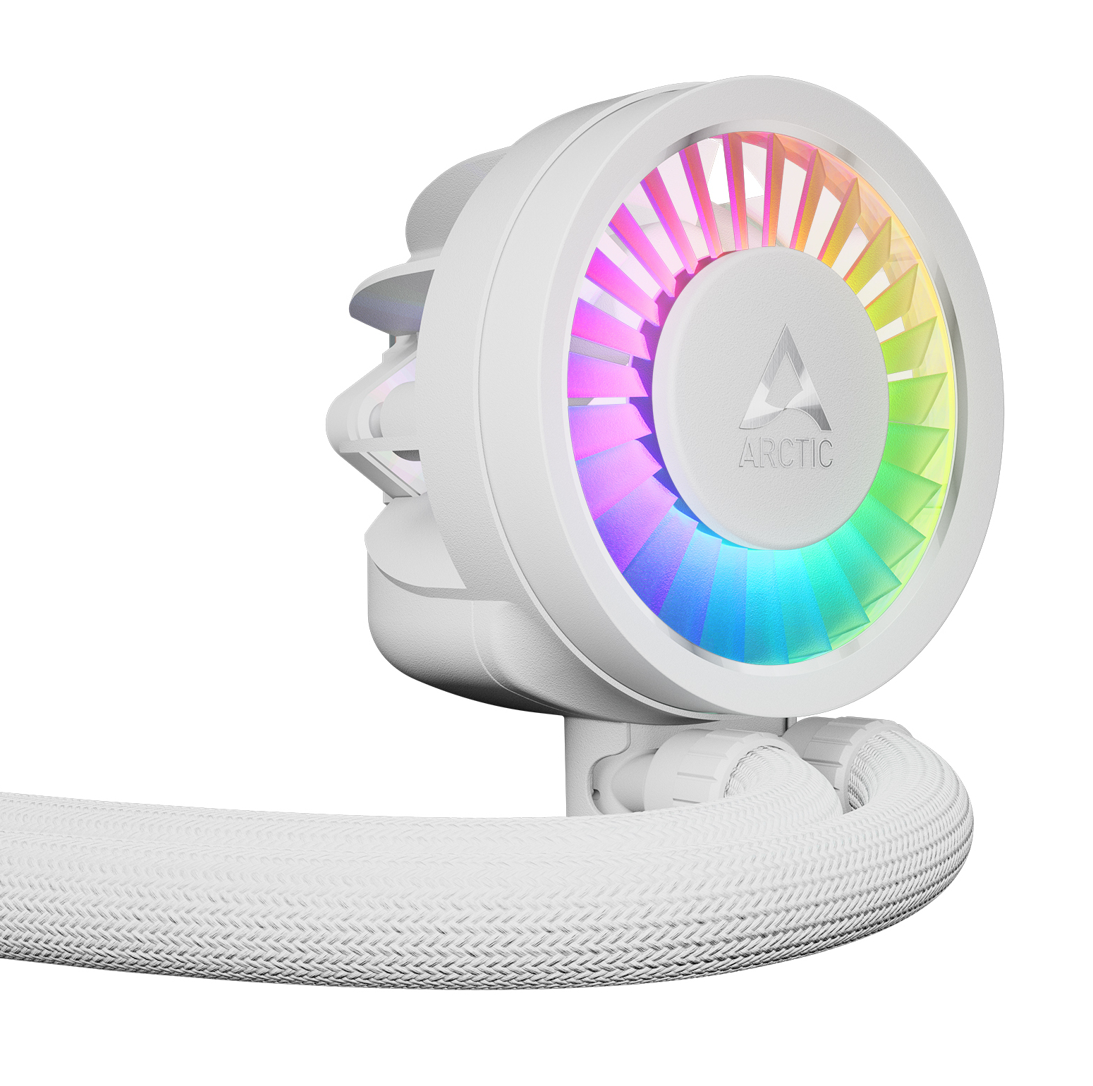 Ein weißer PC-Lüfter mit RGB-Beleuchtung und gewelltem Schlauch.
