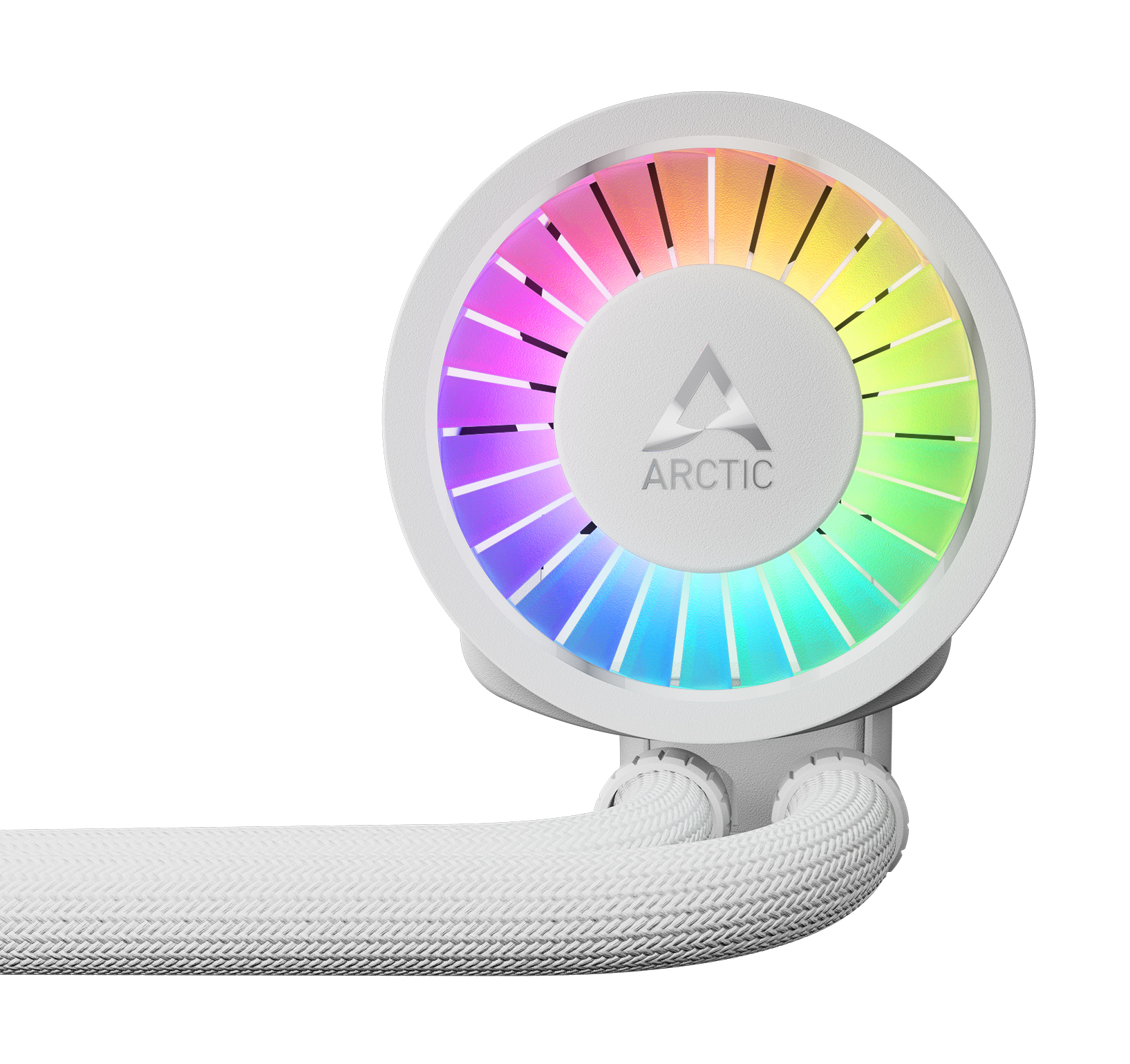 Weiße ARCTIC Lüftereinheit mit RGB-Beleuchtung und geflochtenem Schlauch.
