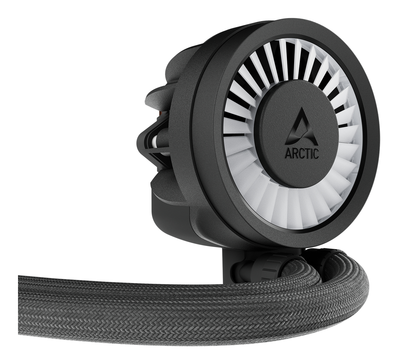 Black CPU cooler with white fan and ARCTIC logo, featuring a braided tube.