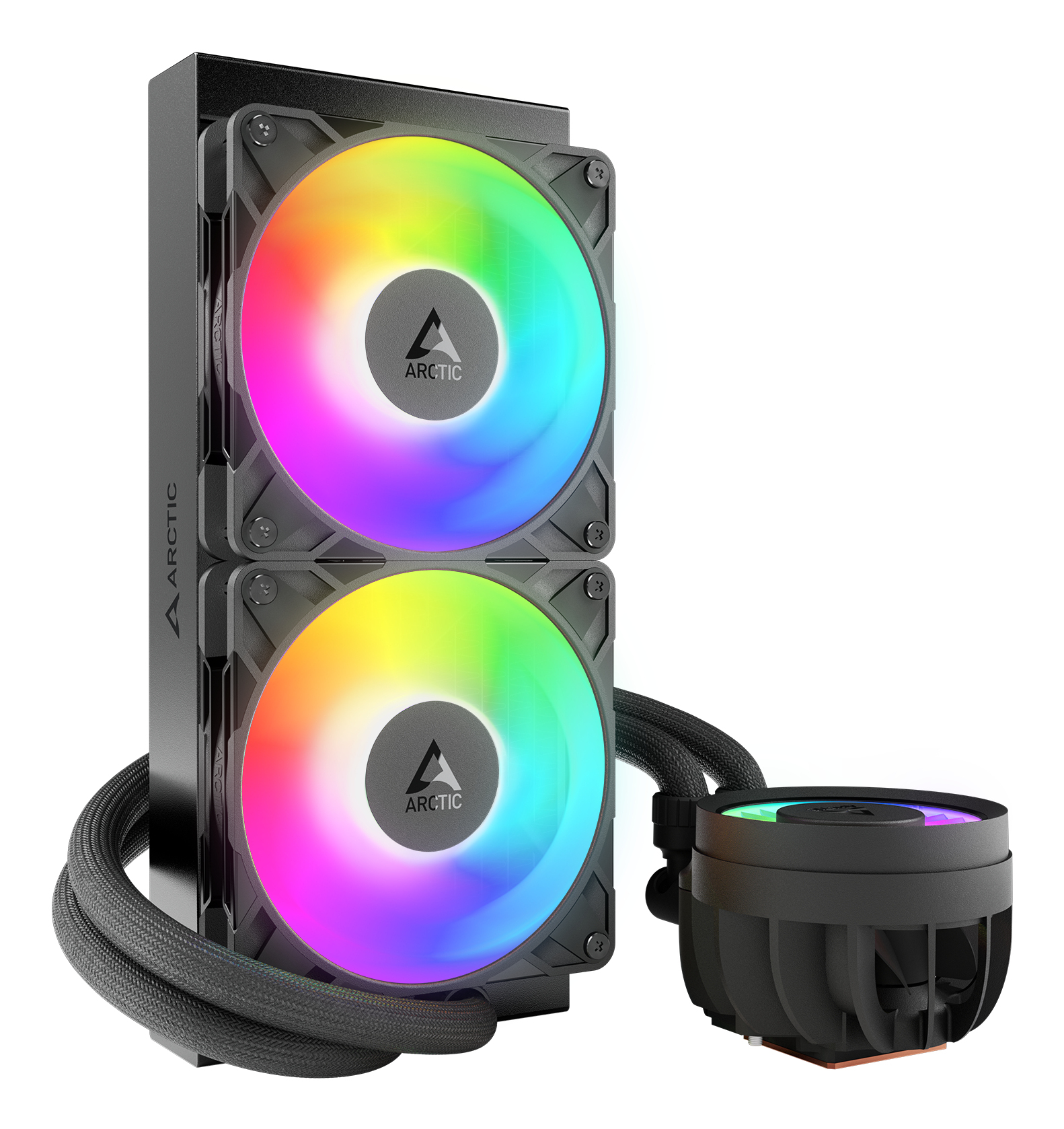 A black CPU cooler with two RGB fans and a round pump housing.