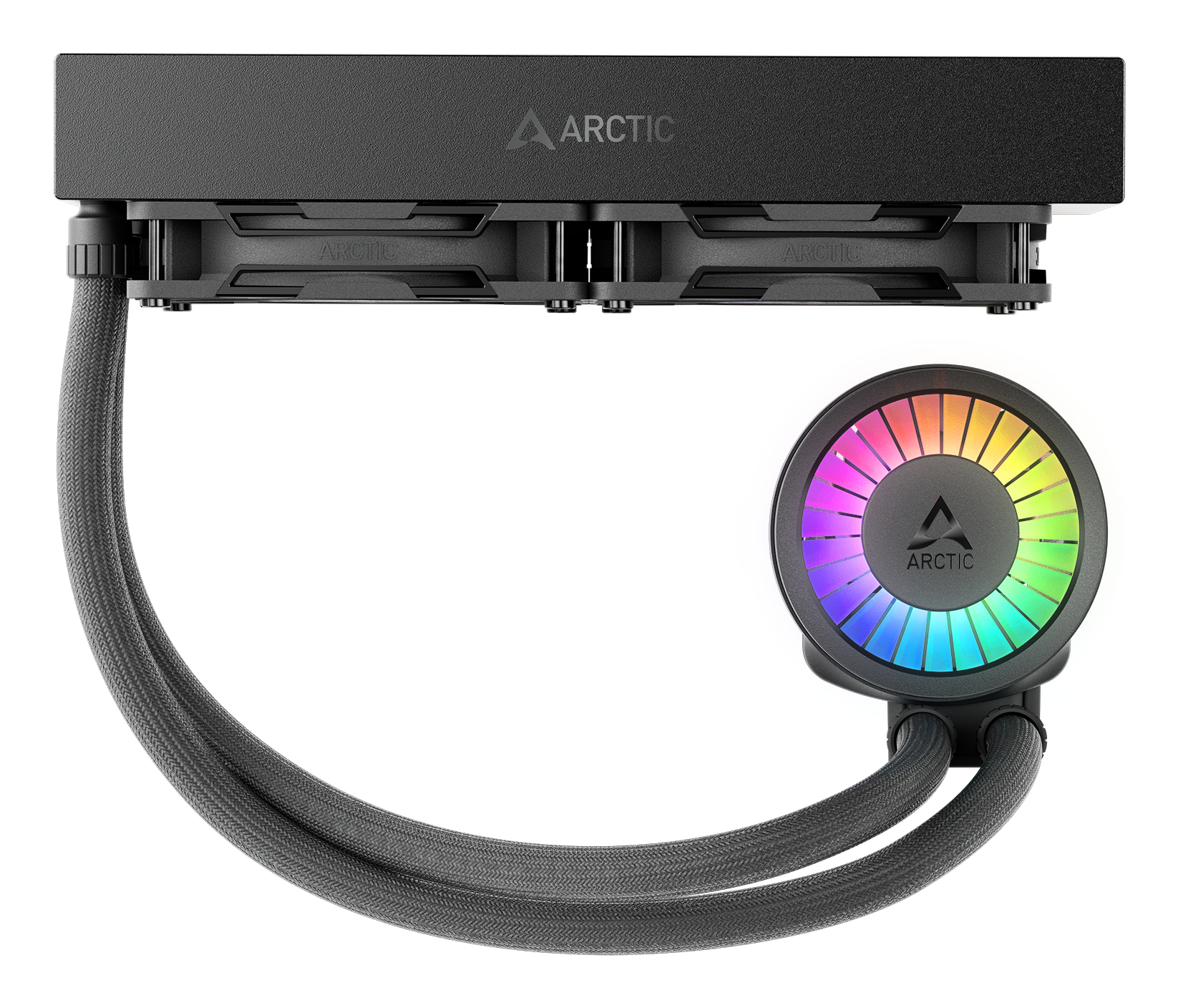 Black CPU cooler with RGB fan and two tubes.