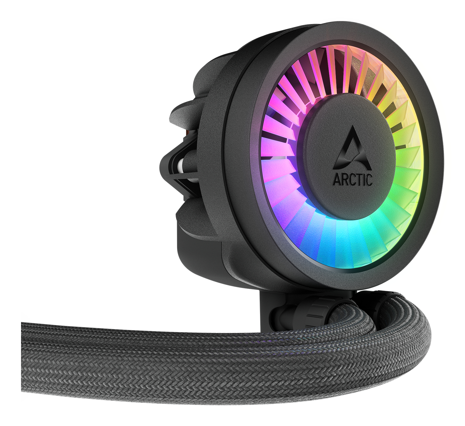 Black CPU cooler with ARCTIC logo and colorful LEDs.