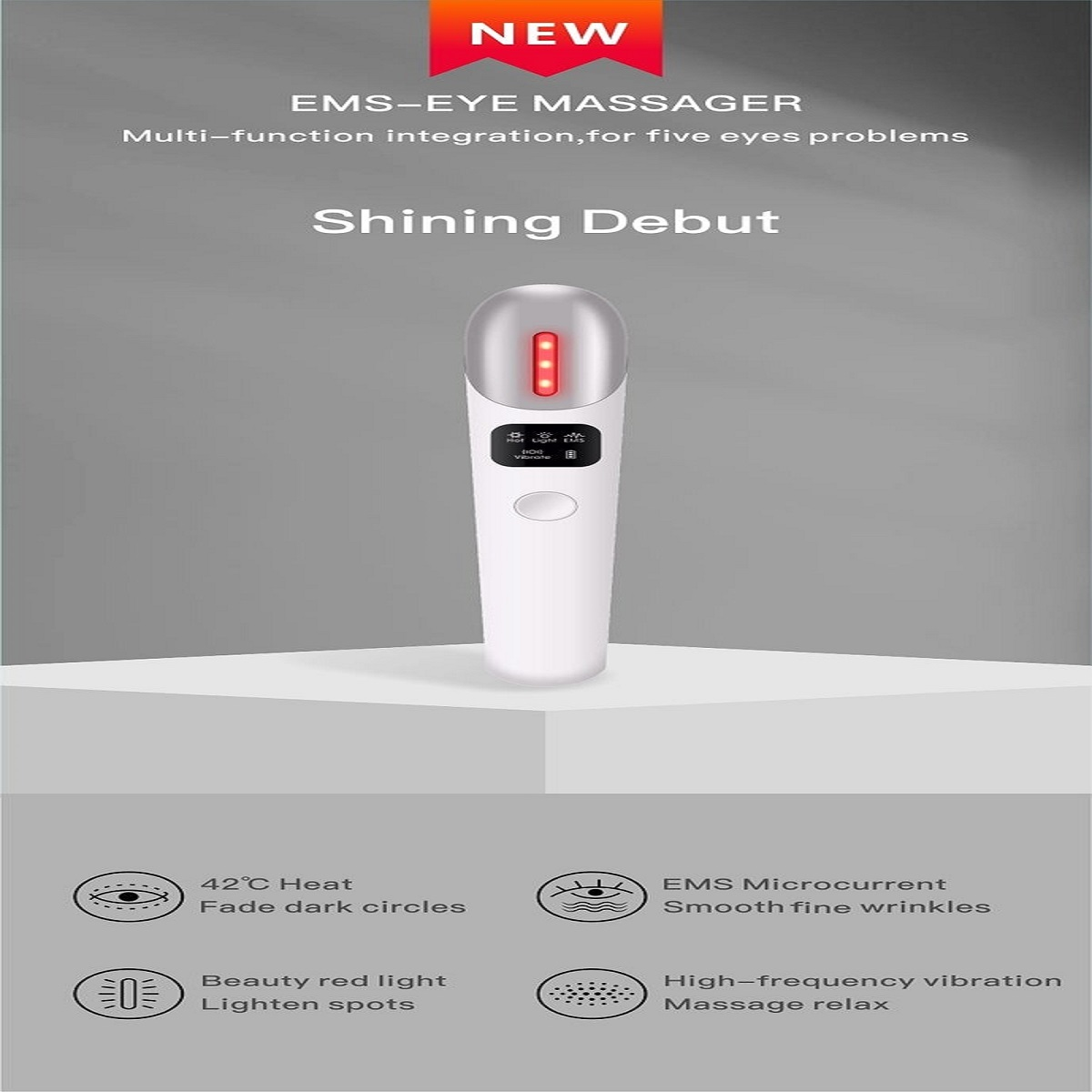 Nuevo masajeador ocular EMS con luz roja, calor y vibración.
