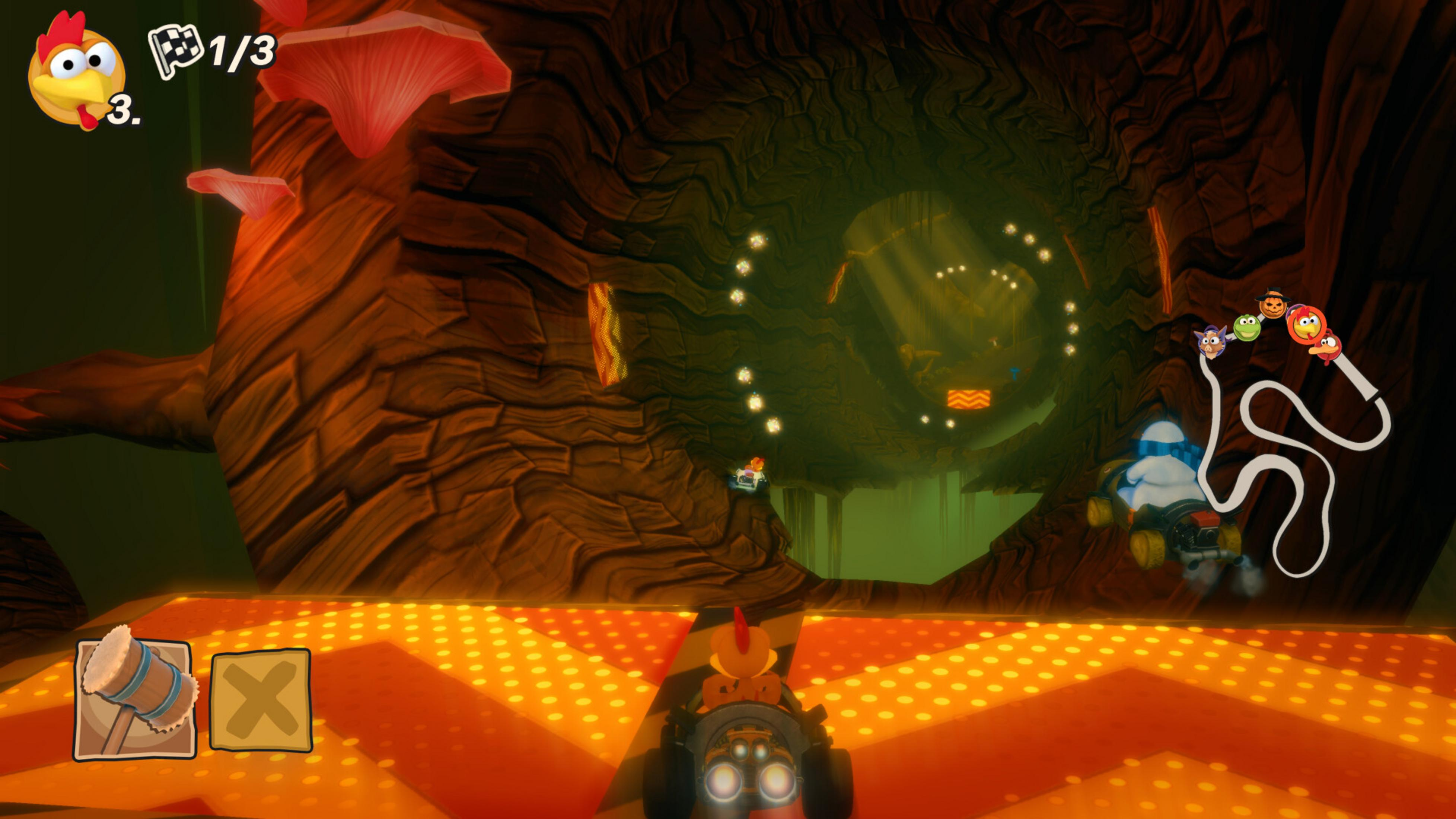 Gioco di go-kart in una grotta con funghi, luci e personaggi colorati sui go-kart.