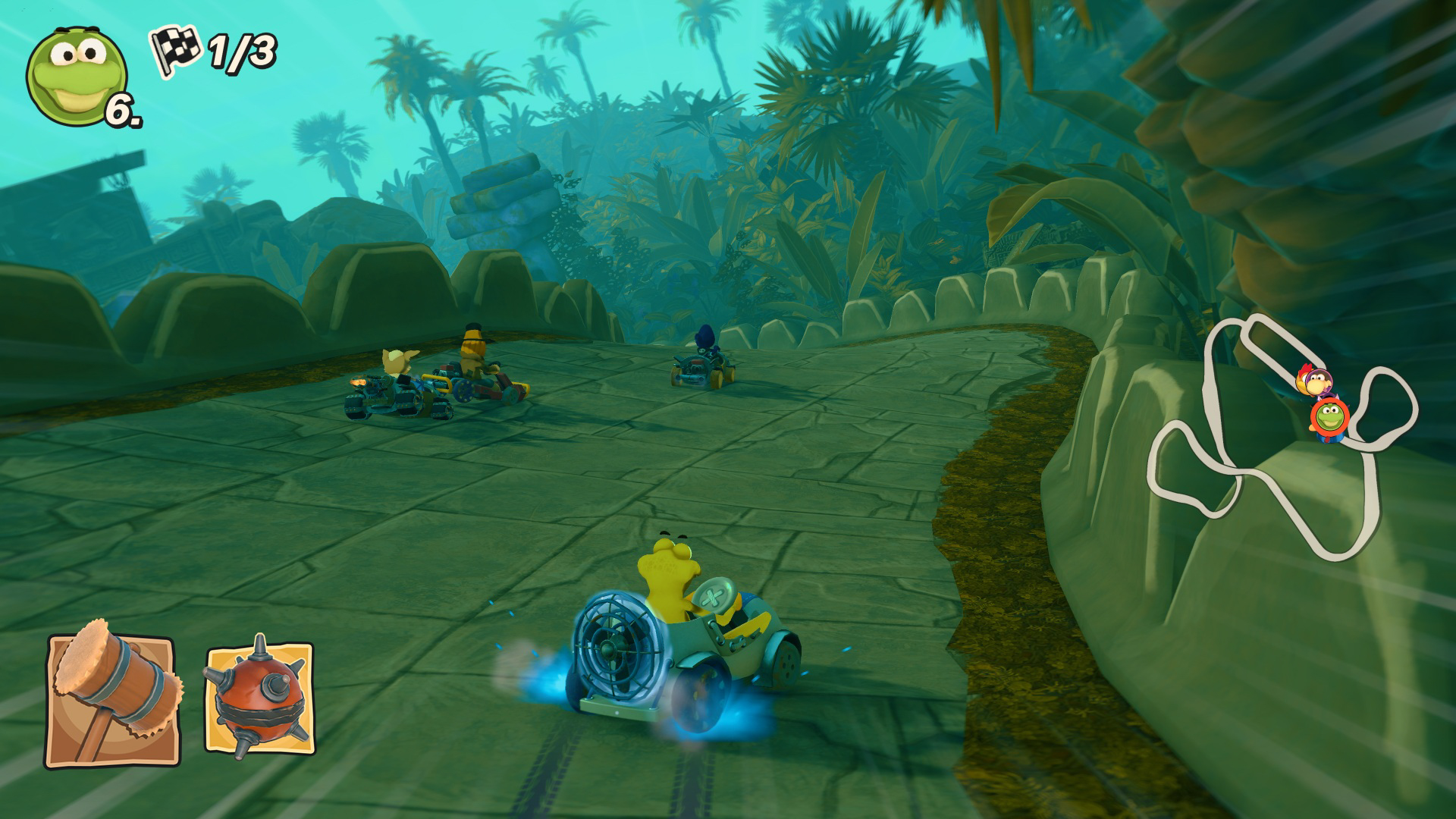 Scena di gioco di corse con personaggi dei cartoni animati nei go-kart.
