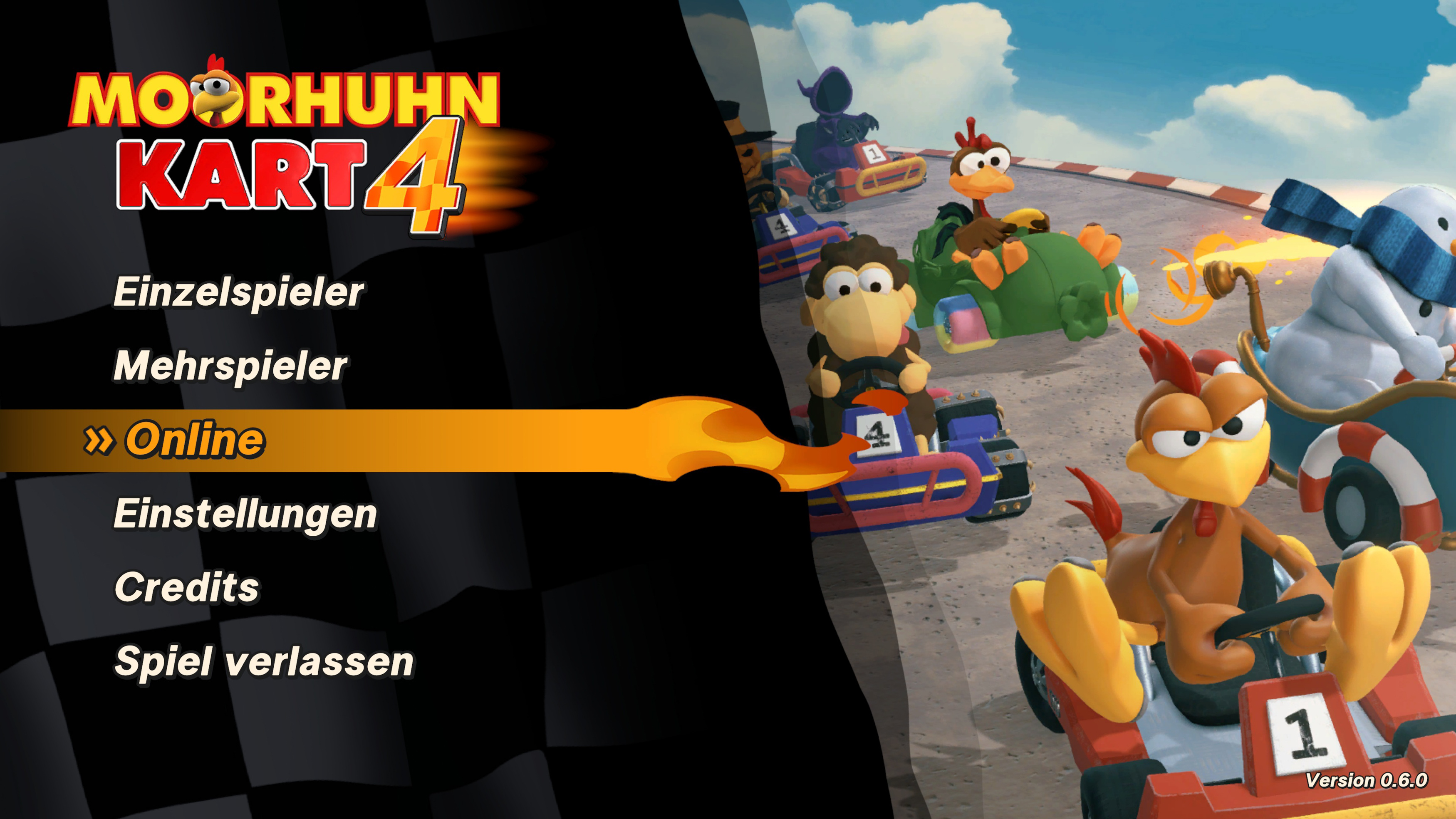 MOORHUHN KART 4: Gioco di corse di polli con opzioni di menu e vari personaggi.