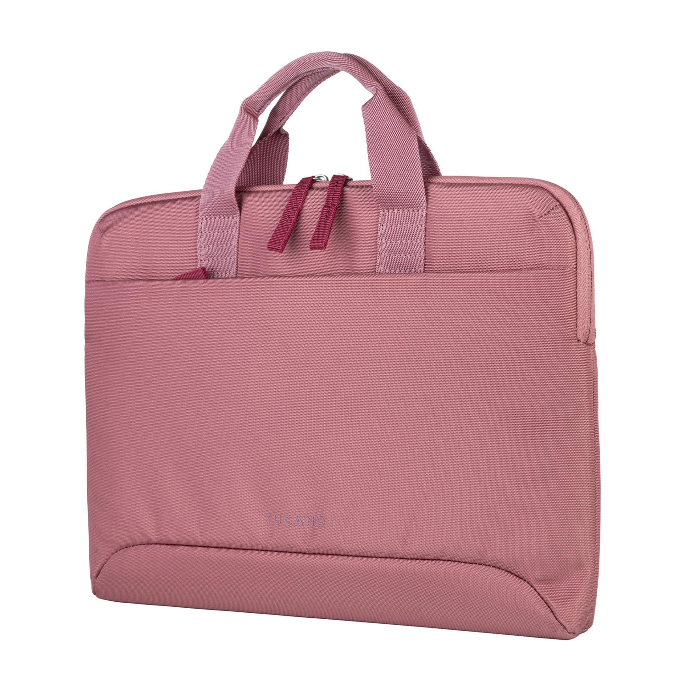 Una bolsa para portátil rosa con asas y cierre de cremallera.
