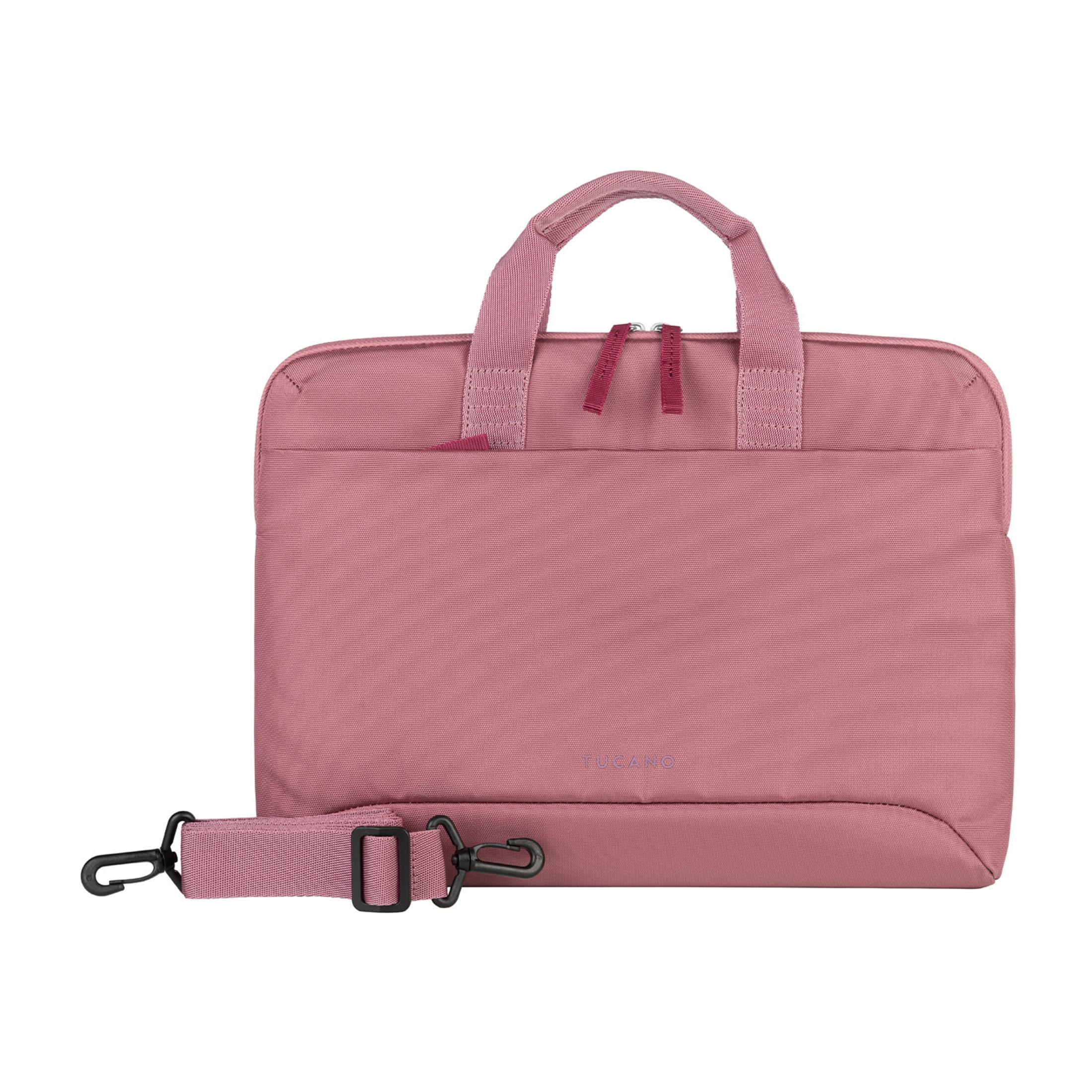 Una bolsa para portátil de color rosa empolvado con asas y correa de hombro desmontable.
