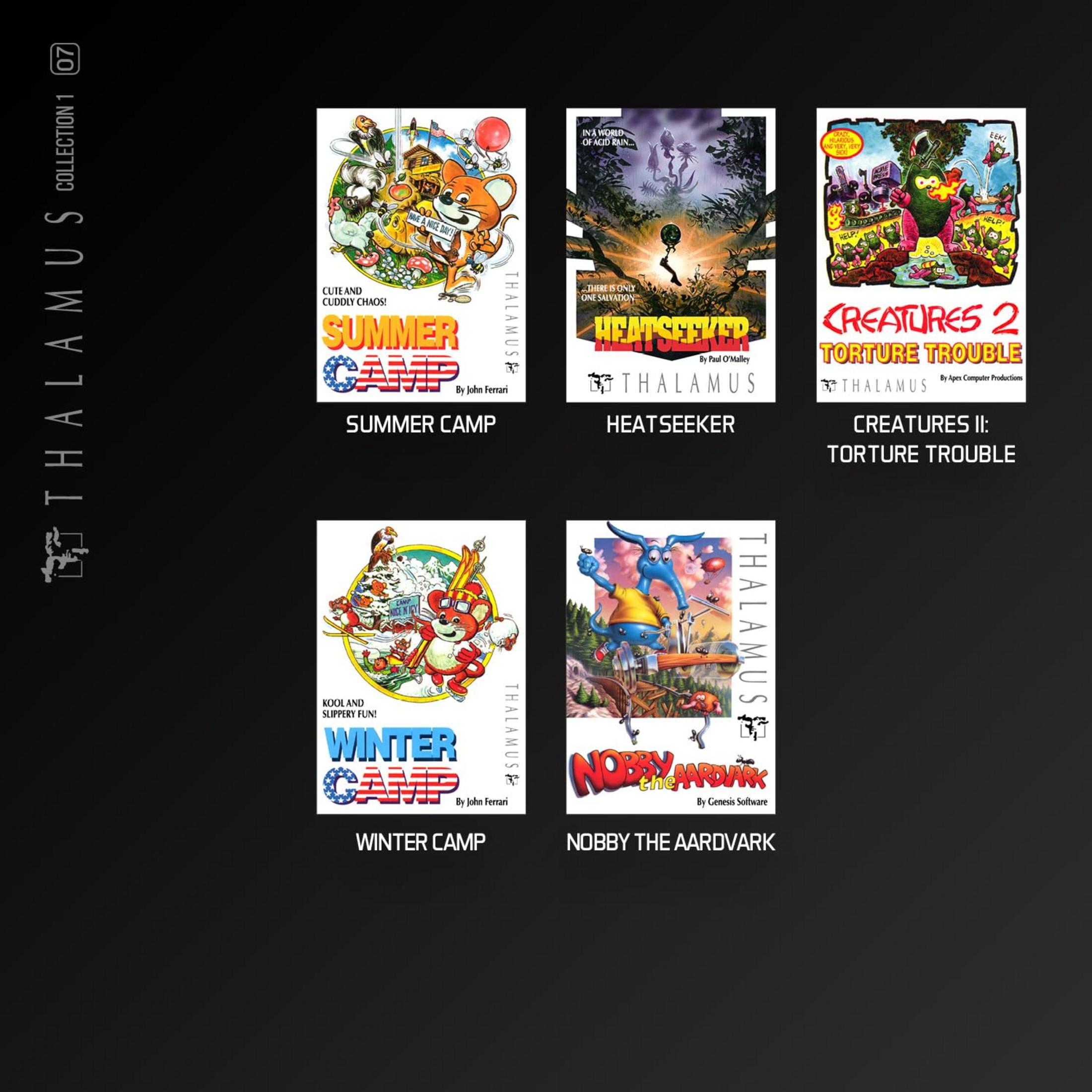 Fünf Videospiel-Cover: Summer Camp, Heatseeker, Creatures 2, Winter Camp, Nobby the Aardvark.