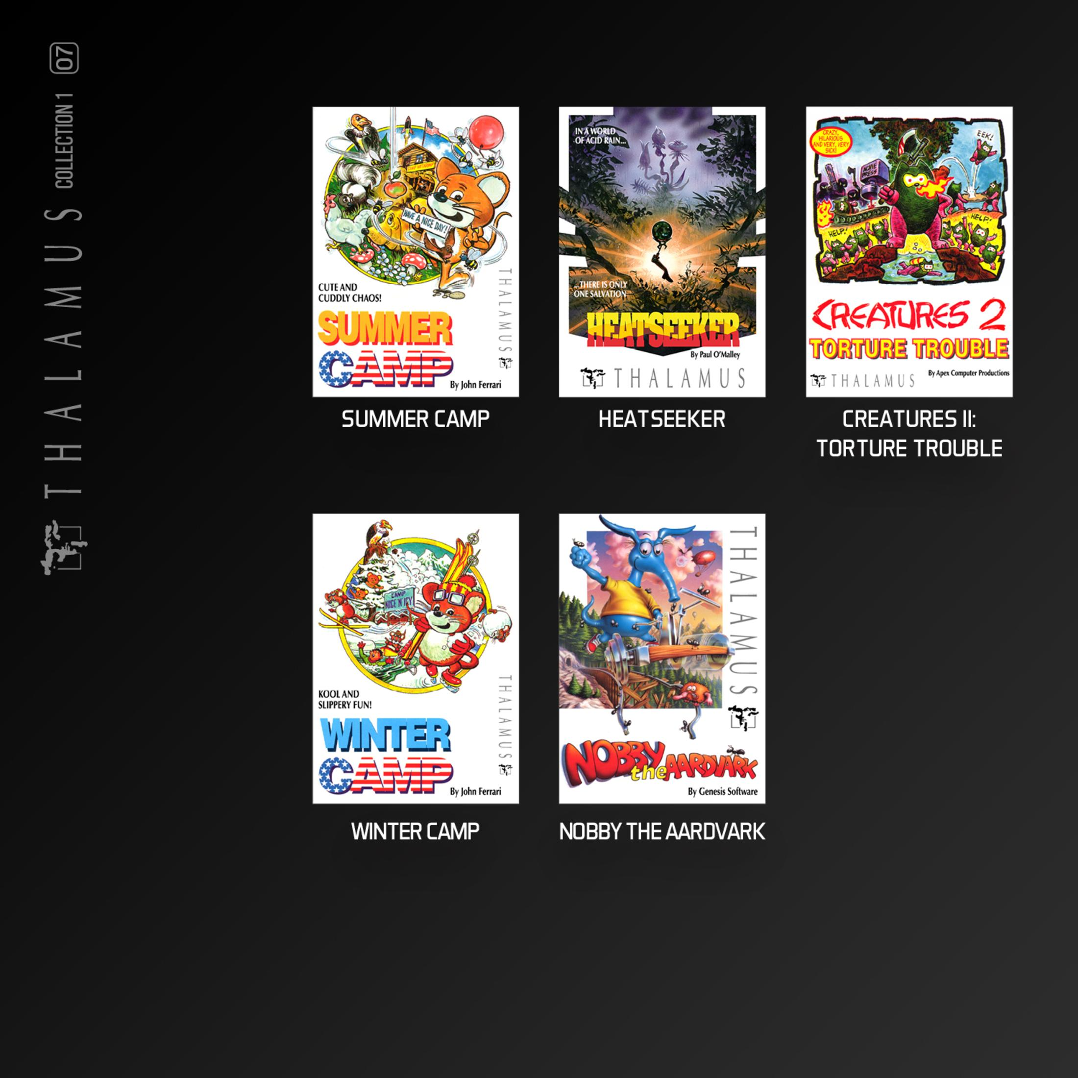 Fünf Videospielcover: Summer Camp, Heatseeker, Creatures II, Winter Camp, Nobby the Aardvark.
