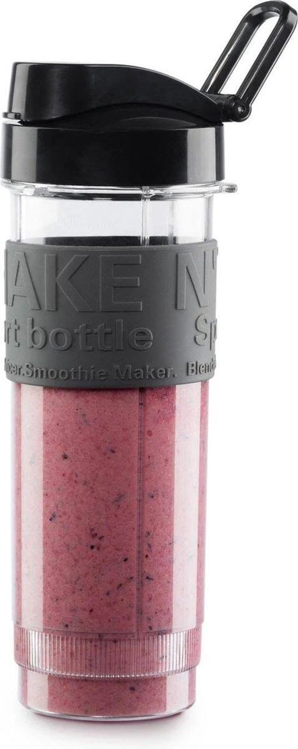 Kırmızı smoothie ile dolu, siyah kapaklı ve kulplu şeffaf şişe.