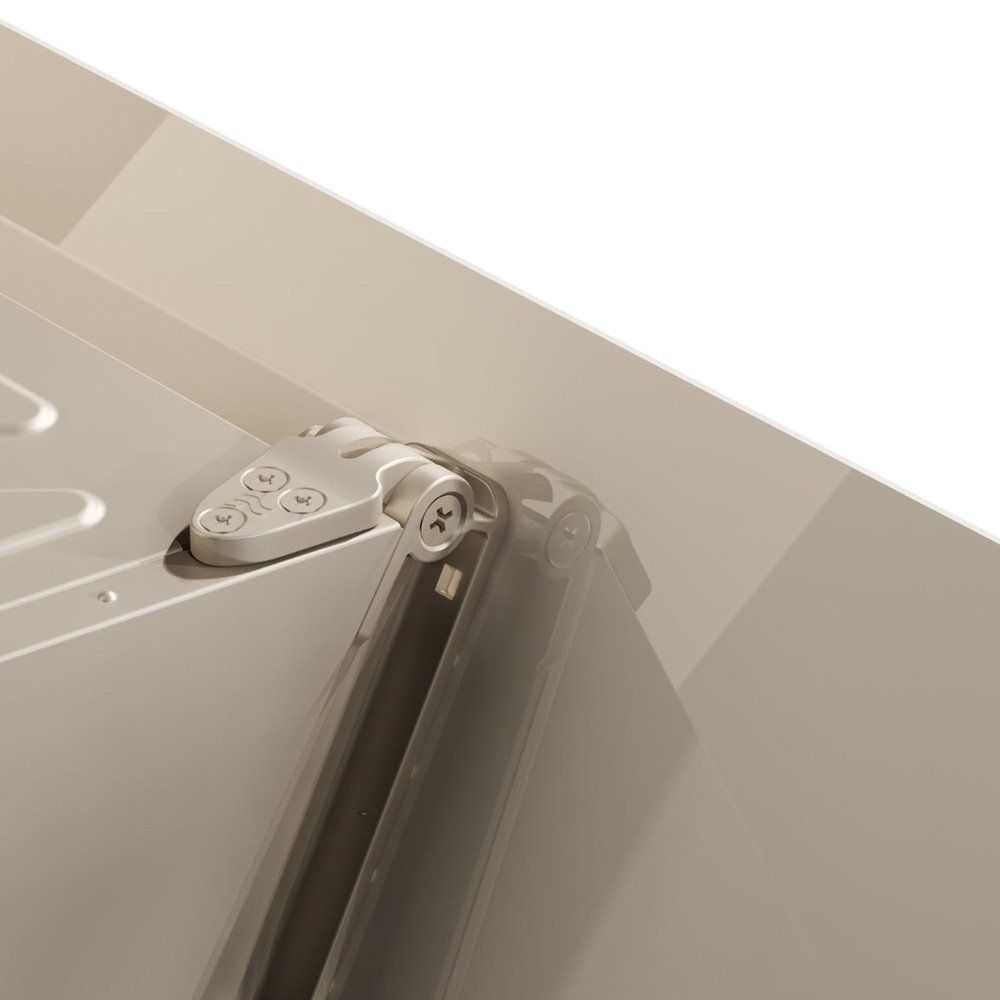 A silver hinge fitting on a beige box. Three screws are visible.
