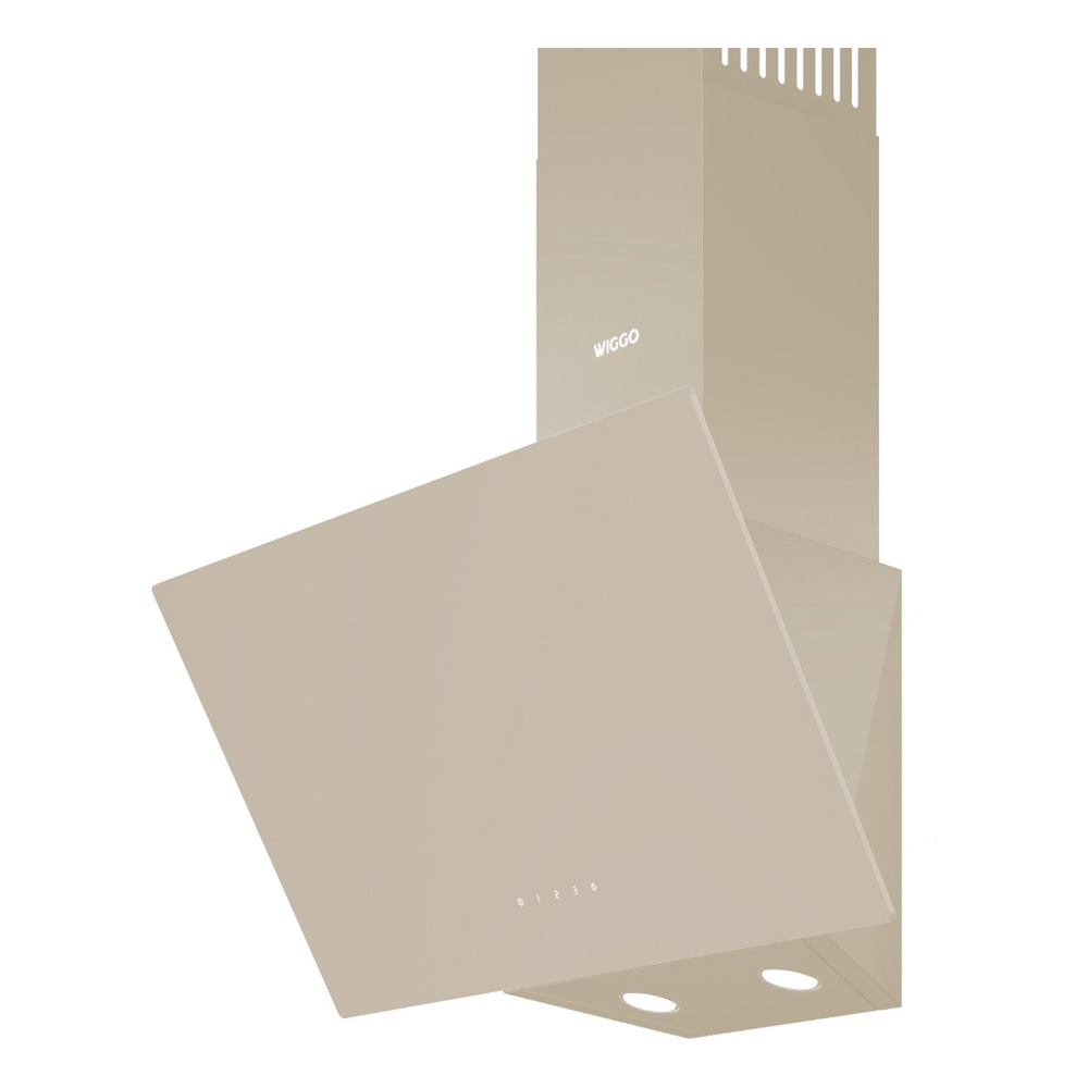 A cream-colored range hood with touch controls and lights.