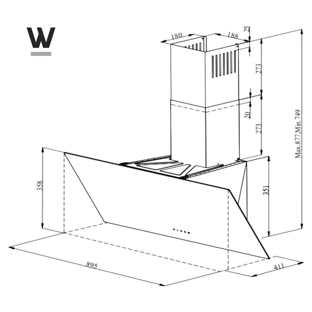 Technical drawing of a range hood with dimensions.