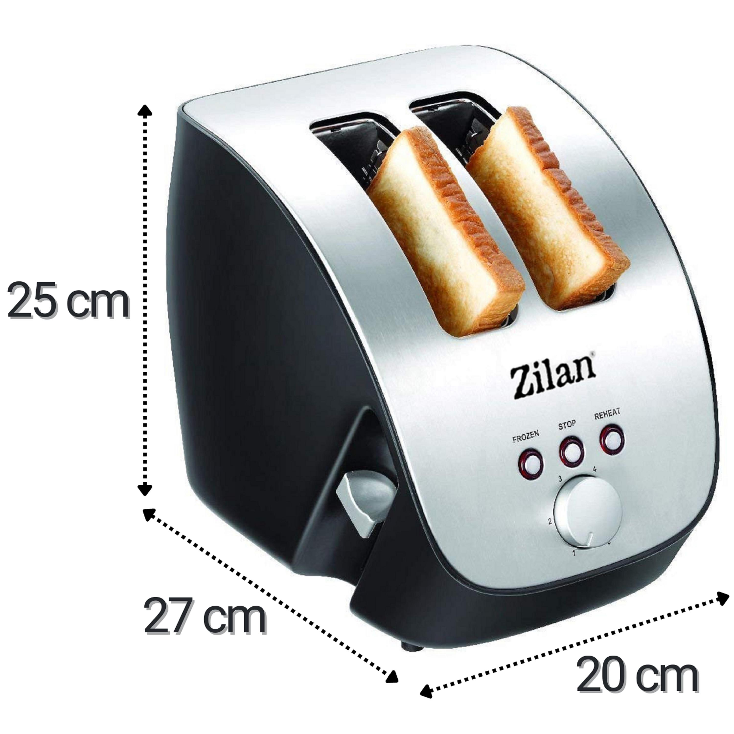 İki dilim kızarmış ekmeği olan siyah ve gümüş renkli tost makinesi. Boyutlar gösteriliyor.