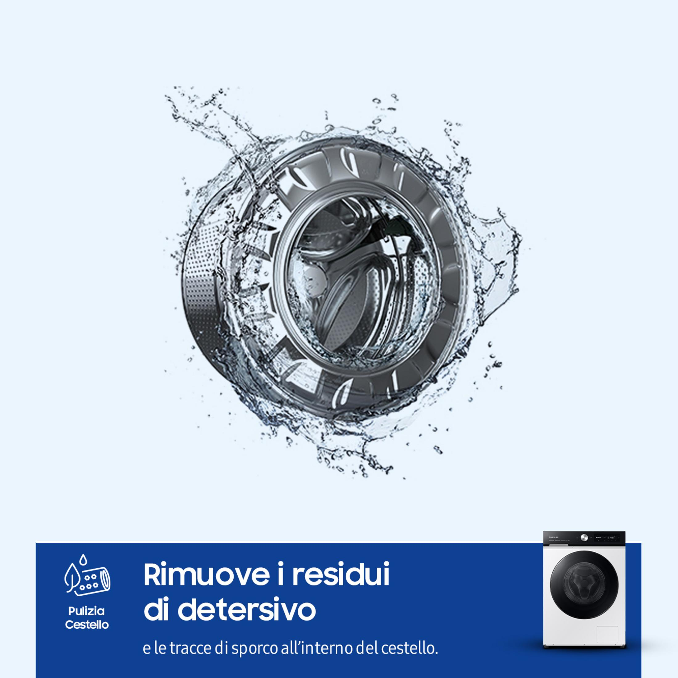 Il cestello di una lavatrice schizza acqua. Si vede una lavatrice bianca.