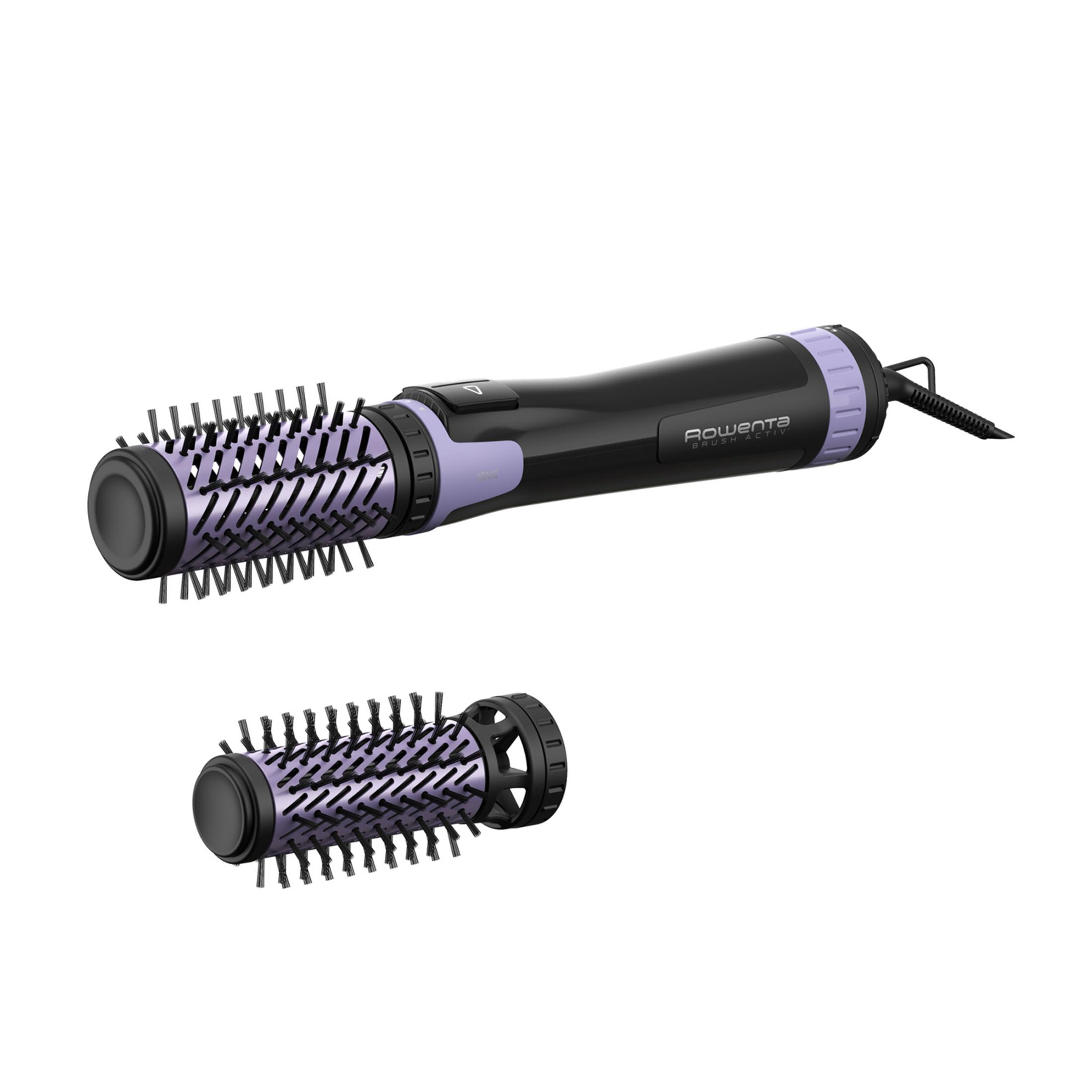 Un asciugacapelli nero con accessori e spazzole viola.