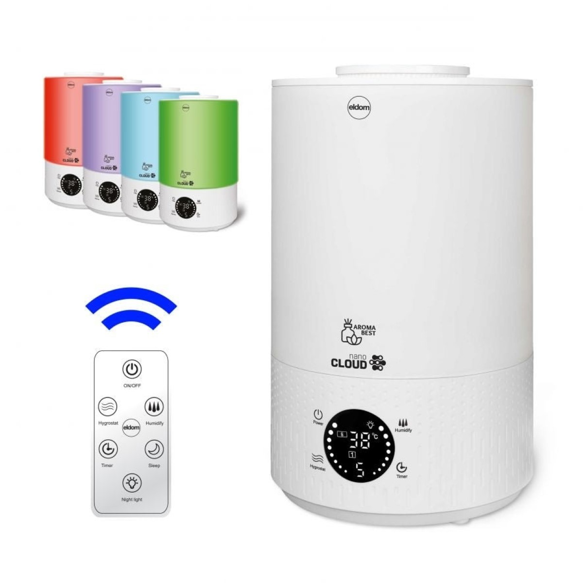 Un umidificatore bianco con telecomando e predecessori colorati.