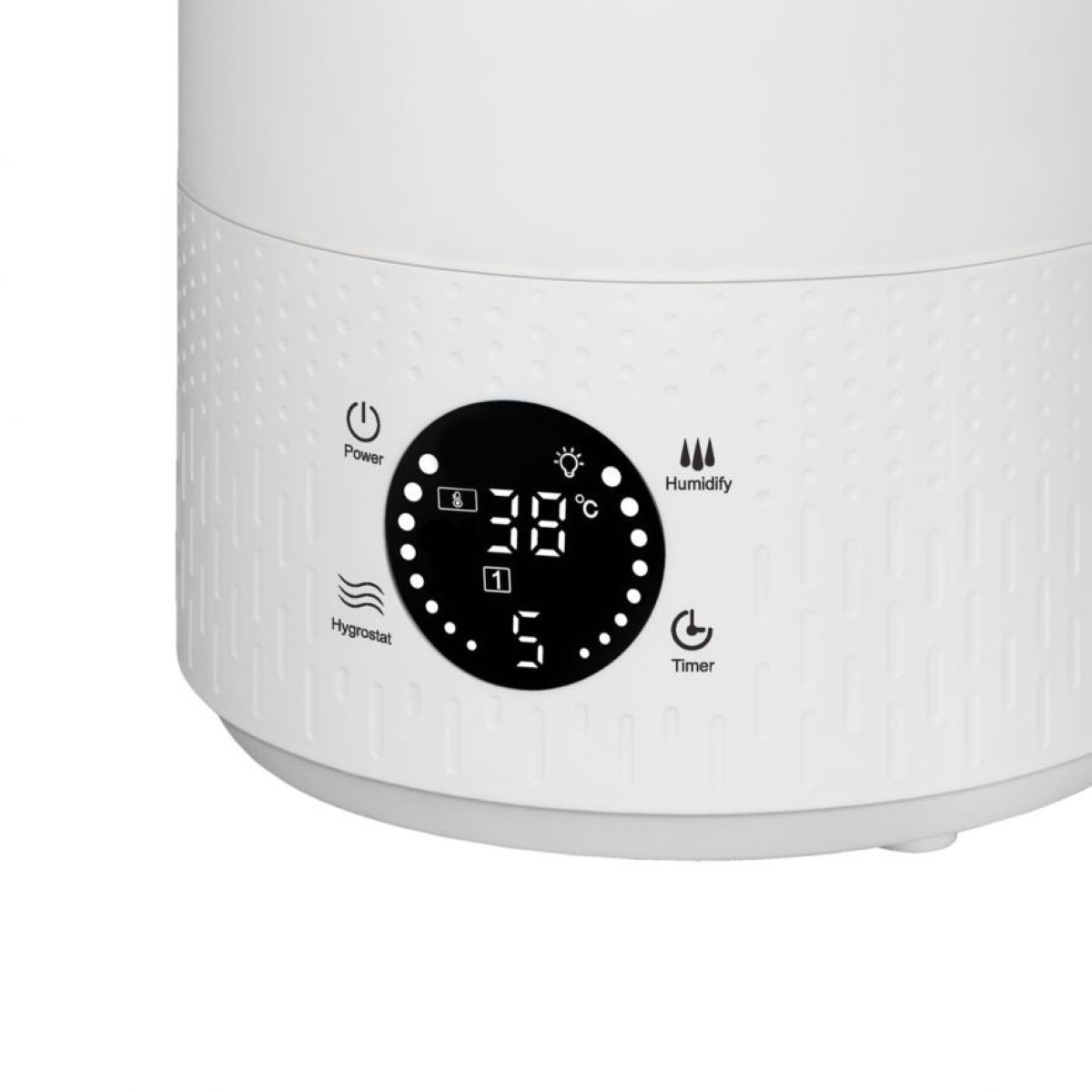 Un umidificatore bianco con display digitale che mostra 38°C e 5.