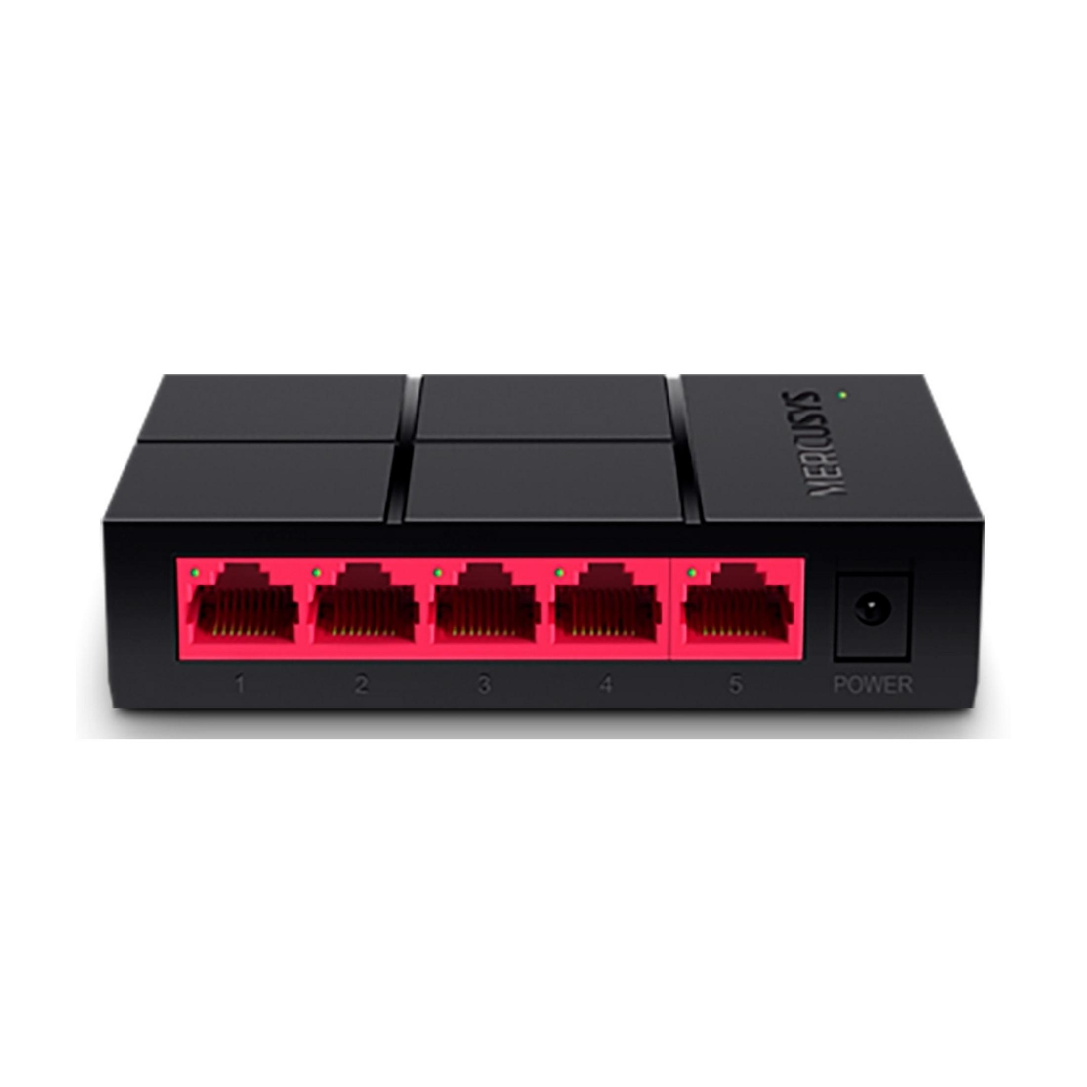 Uno switch di rete nero a 5 porte con porte rosse e luci verdi.